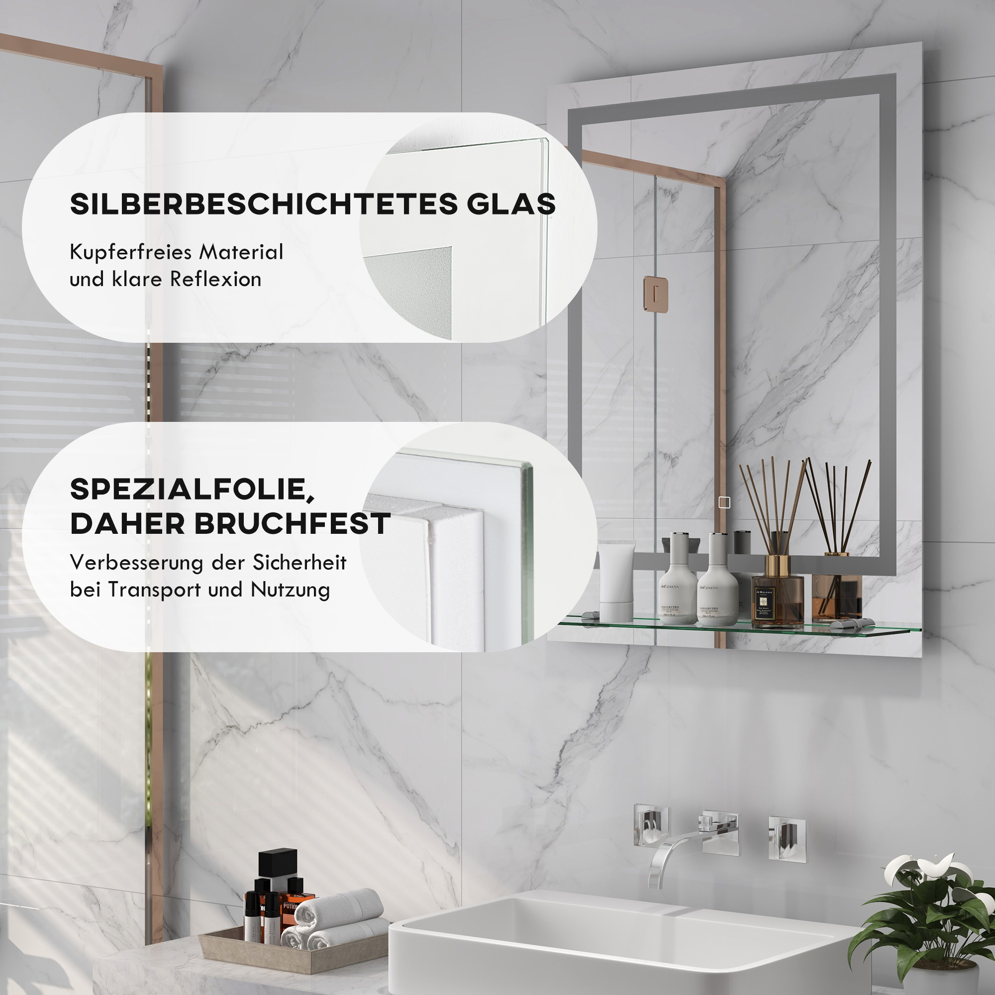 Badezimmerspiegel mit LED-Beleuchtung, 3 Lichtfarben, Antibeschlag-Funktion, verkabelt, 70 x 50 cm