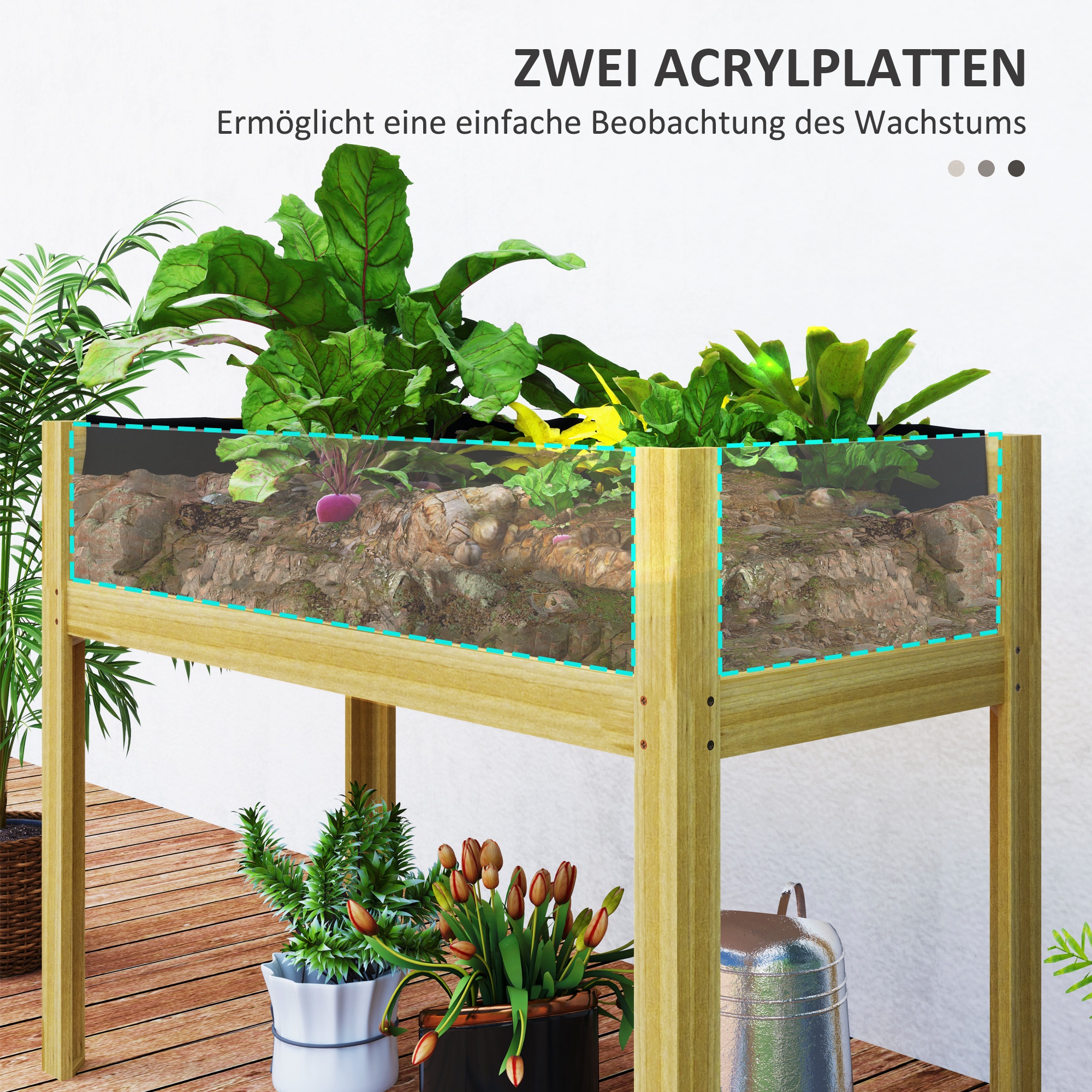 Hochbeet, Holz-Pflanzbox mit Acrylplatten an zwei Seiten, für 118 L Erde, Wasserabflusslöcher, 110 x 50 x 80 cm