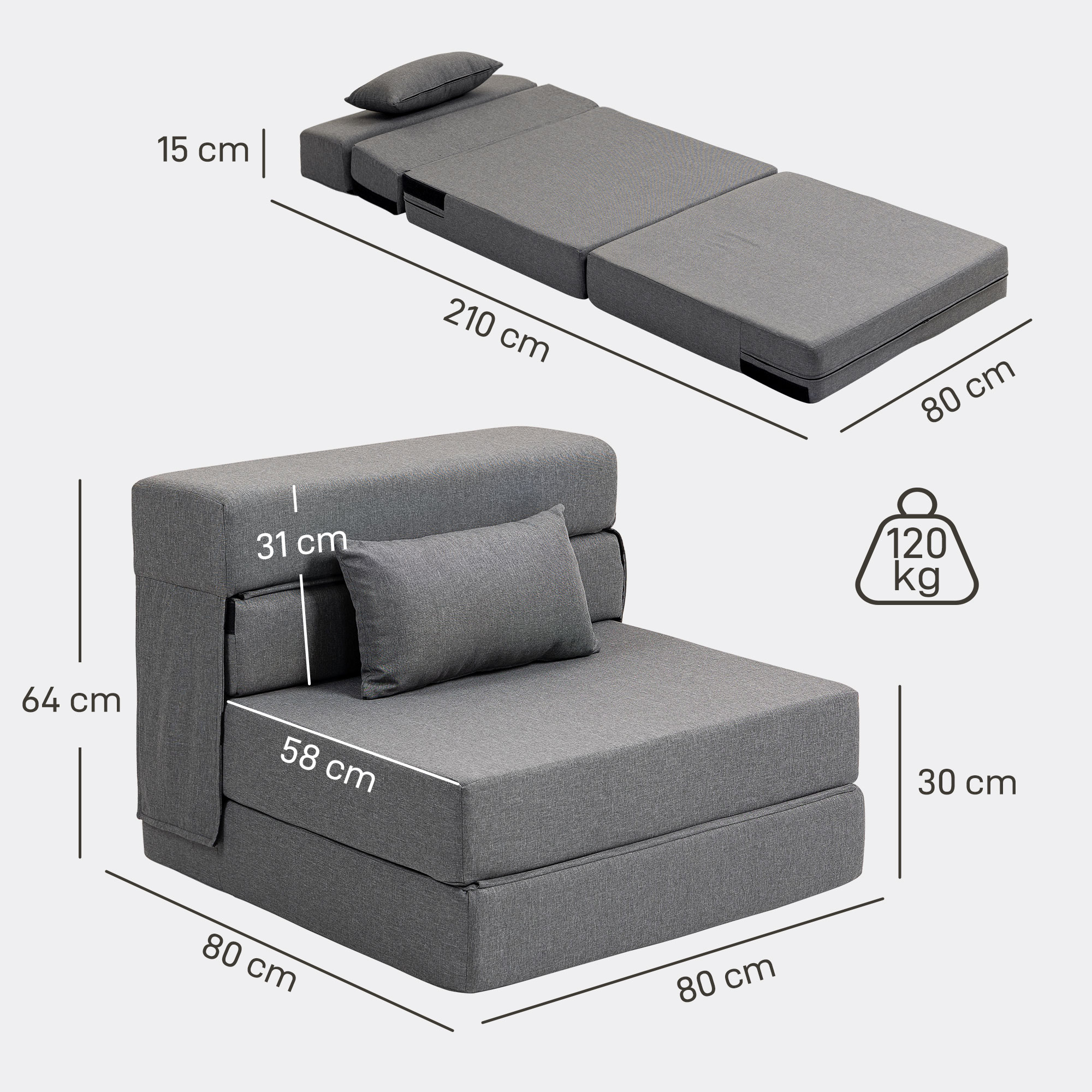 Bodensofa, Polstercouch, in Matratze umwandelbar, Schaumstoff, Kissen, Grau