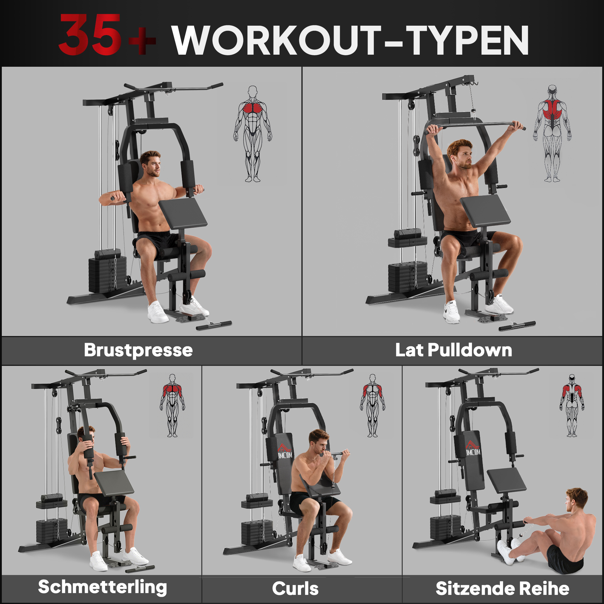 Kraftstation für Zuhause Fitnessstation mit Latzuggerät, Kabelzug, kurzer Bizepsstange, Brustpresse, Beintrainer, Butterfly-Maschine 45kg Gewichten Multifunktion Fitnessstation Schwarz