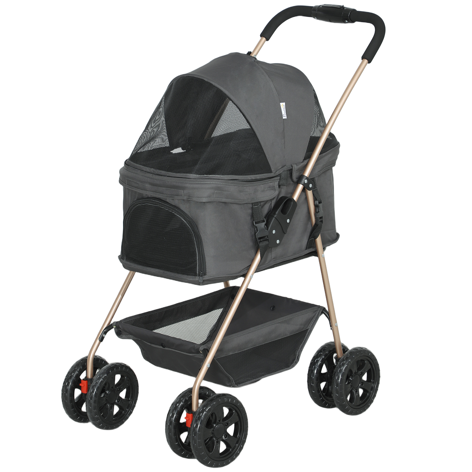3-in-1-Haustierkinderwagen, zusammenklappbarer Hundewagen mit 4 Rädern und abnehmbarer Trage für Hunde und Katzen, Grau