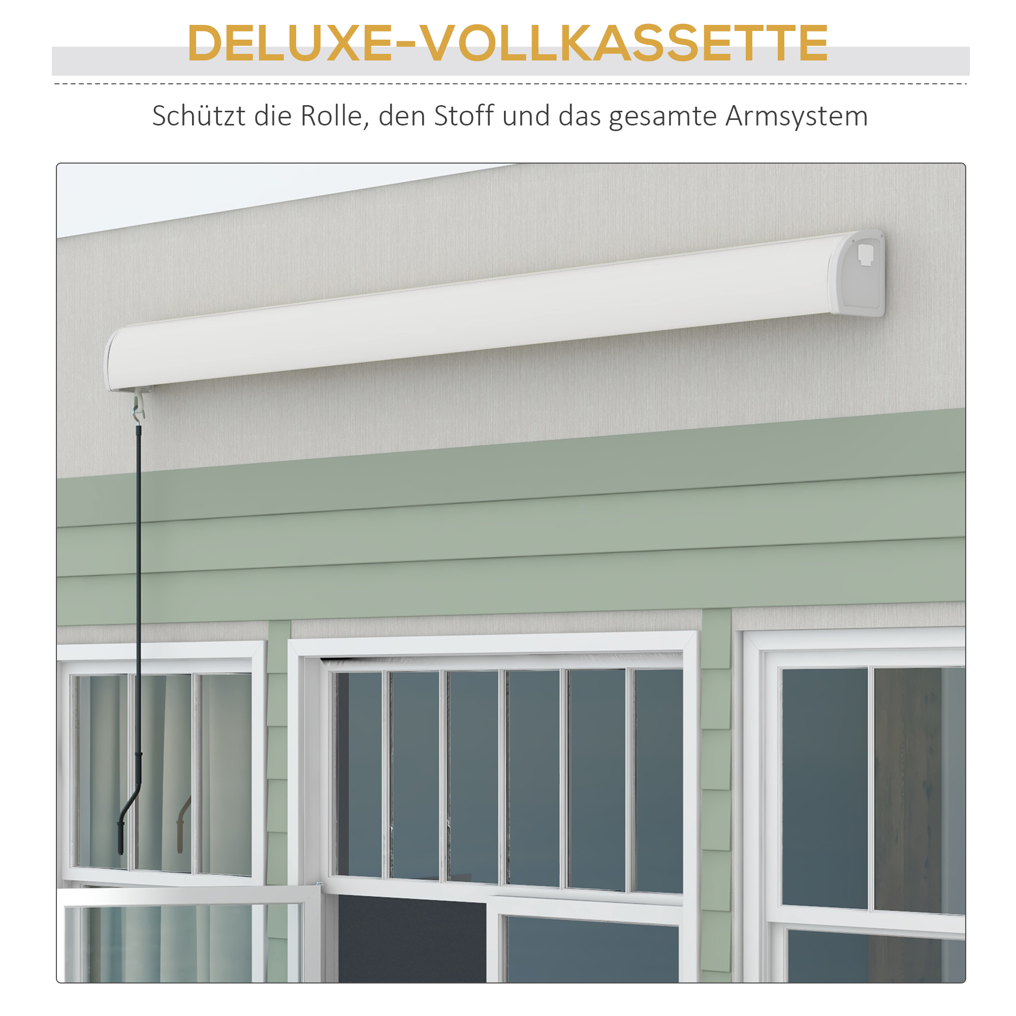 Markise, elektrisch/manuell ausfahrbar, Vollkassette, Fernbedienung, Aluminiumrahmen, 3 x 2,5 m, Hellgrau