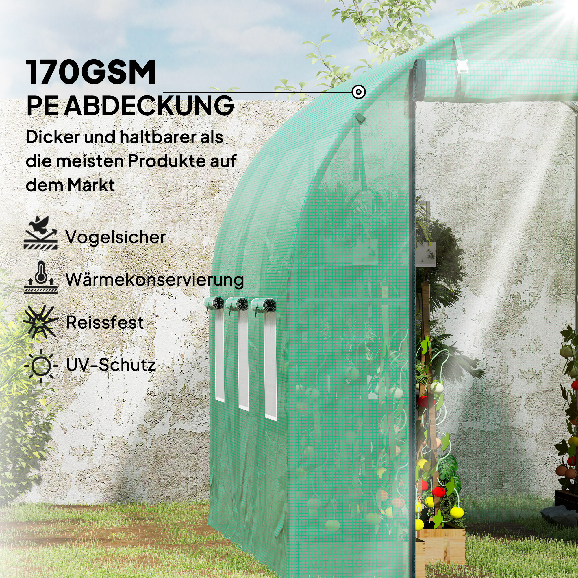 Polytunnel Gewächshaus mit Kunststoff-Abdeckung und Stahlrahmen, begehbares Gewächshauszelt mit Rolltüren, Grün