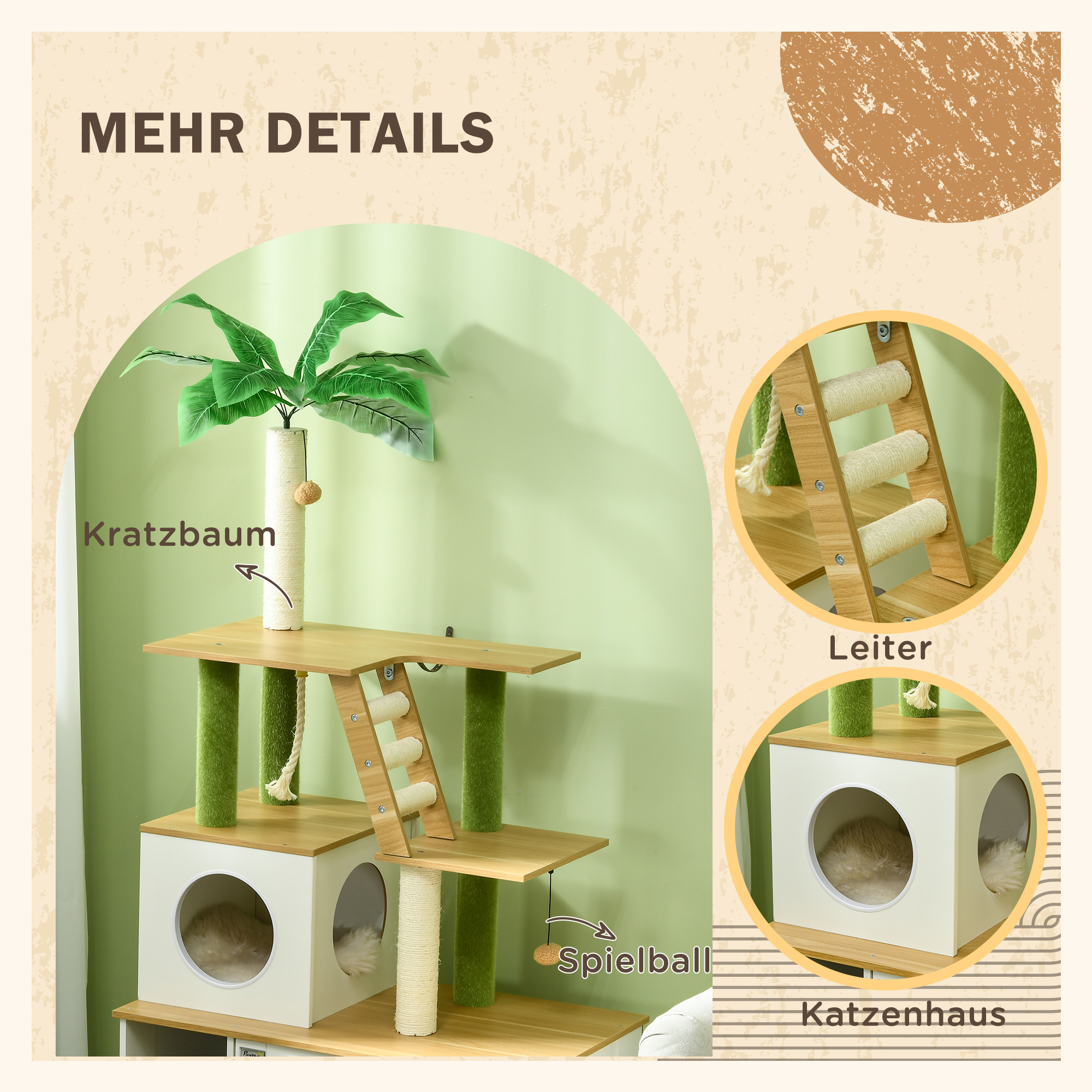 Kratzbaum Katzenbaum, inkl. Schrank, 1 Katzenhöhle, 80 x 48 x 160cm, 1 Leiter, Eiche + Weiß