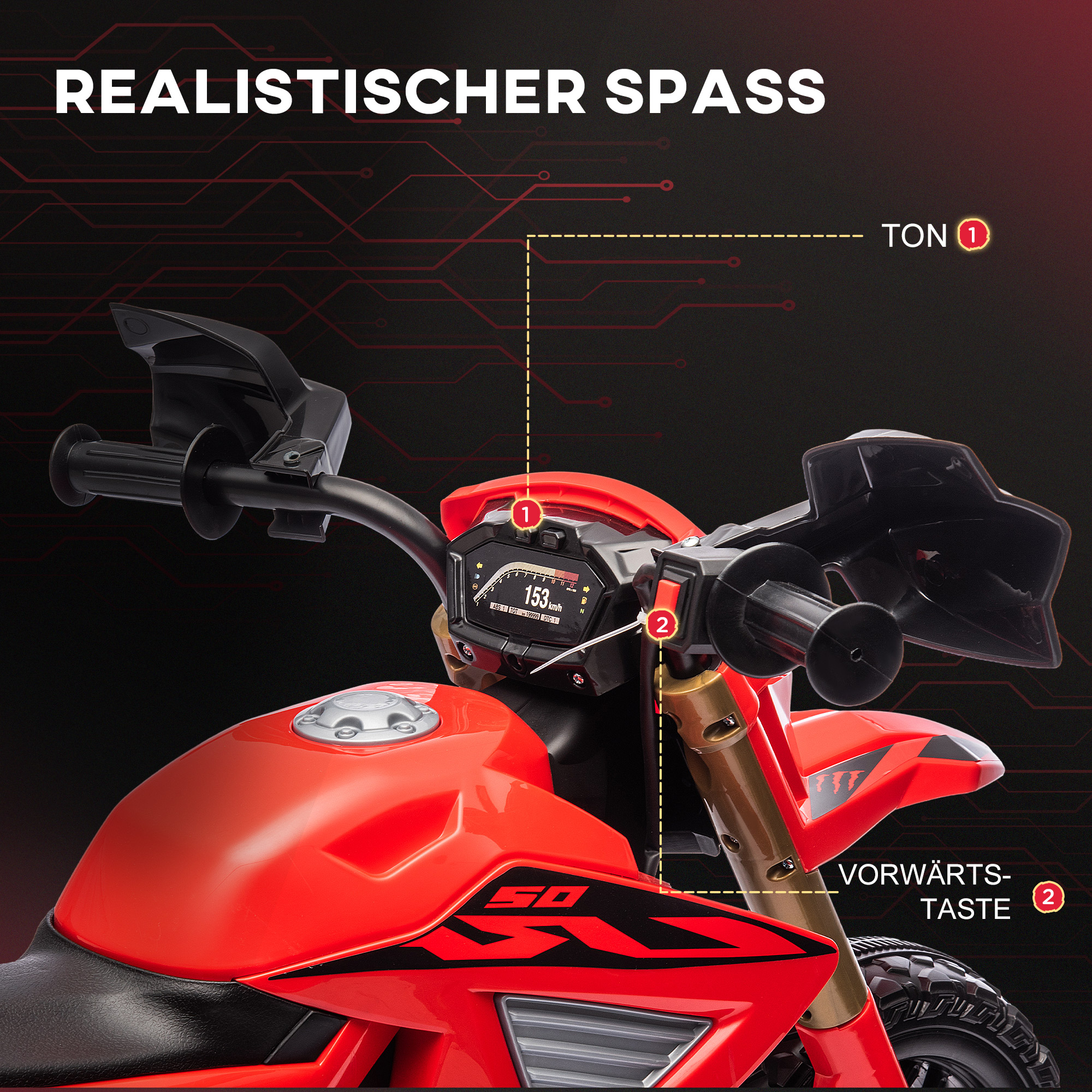 Elektro-Motorrad für Kinder, 6V Batterie-Antrieb, Stützräder, Hupe, Startgeräusch, 3-8 Jahre, Rot