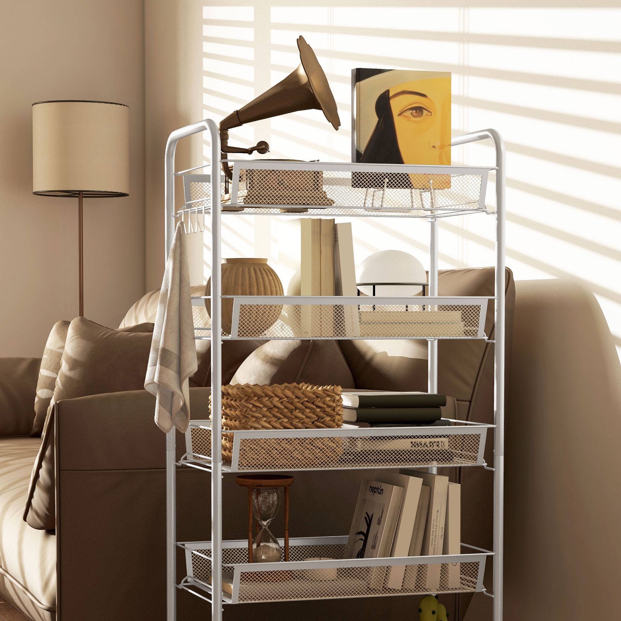 Küchenwagen mit 5 Drahtkörben, 4 Haken, 4 Rollen, 2 Griffe, Stahl/Kunststoff, 45x26,5x106 cm, Weiß