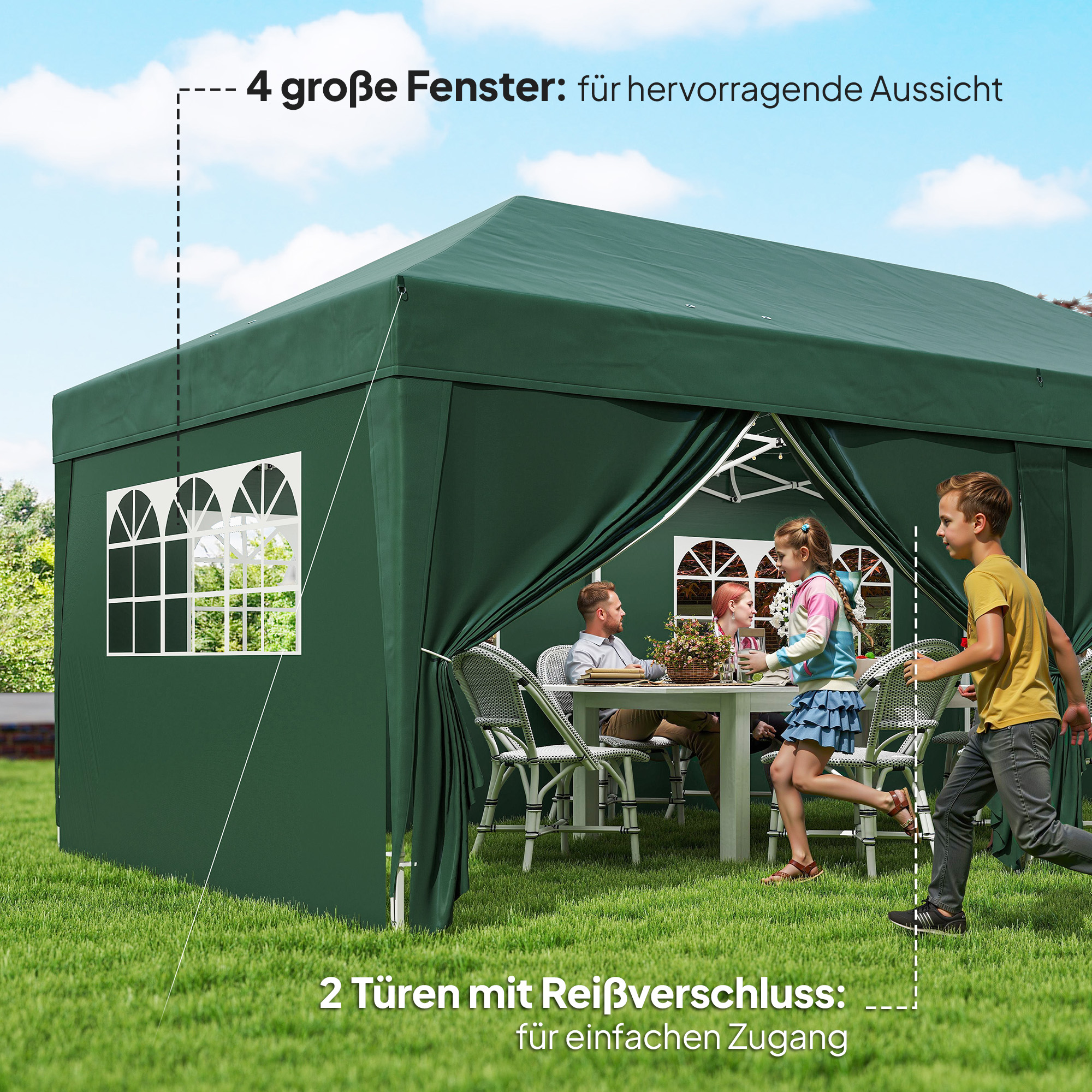Pavillon ca. 6x3m Stabil Winterfest Pop-up Faltpavillon mit Fenster Reißverschlusstür Seitenteilen UV Schutz