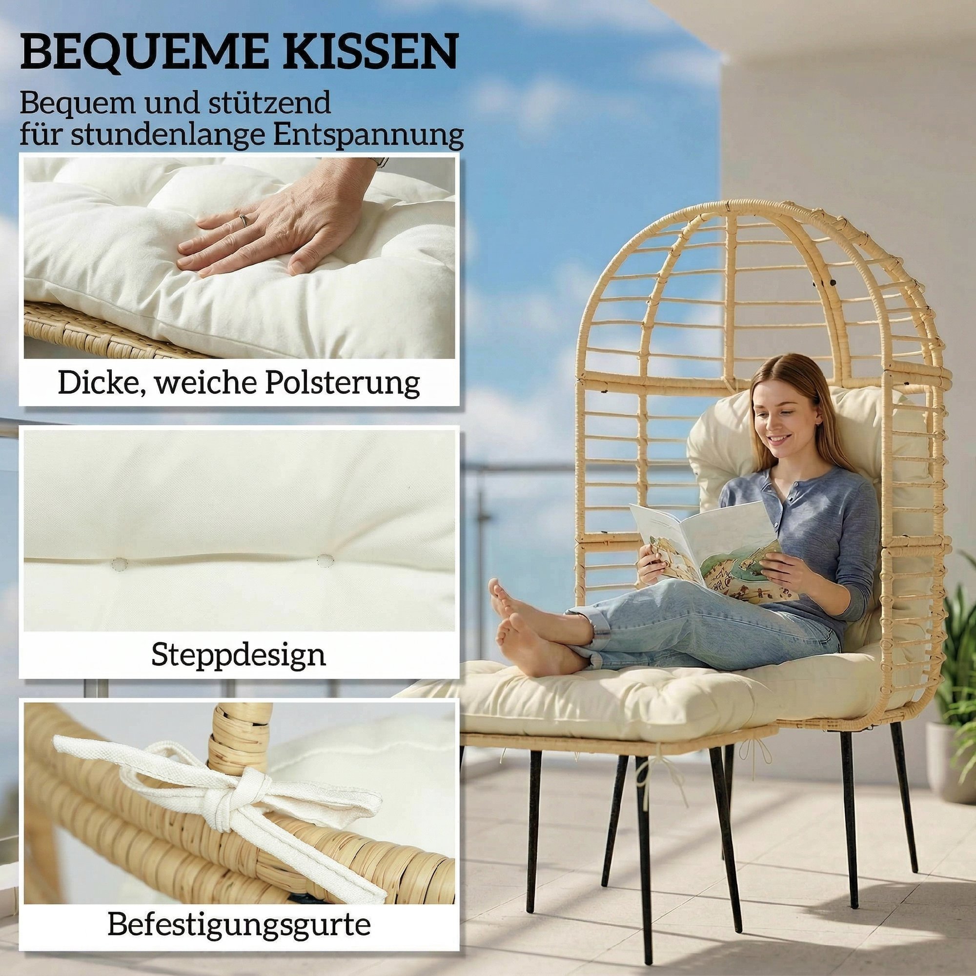 Gartensessel mit Hocker PE Rattan Ei-Form Korbsessel mit langen & dicken Kissen Metallrahmen Beige