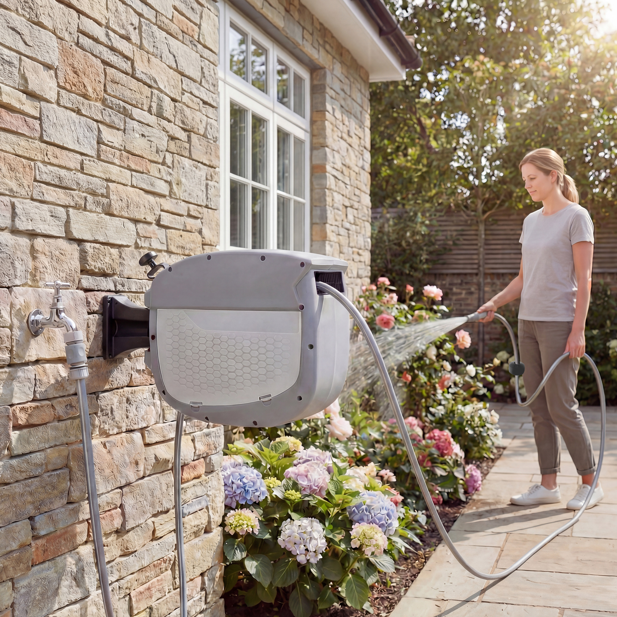 Schlauchtrommel mit Gartenschlauch 20 m, 180° schwenkbar Schlauchbox mit automatische Aufrollung Selbstverriegelung