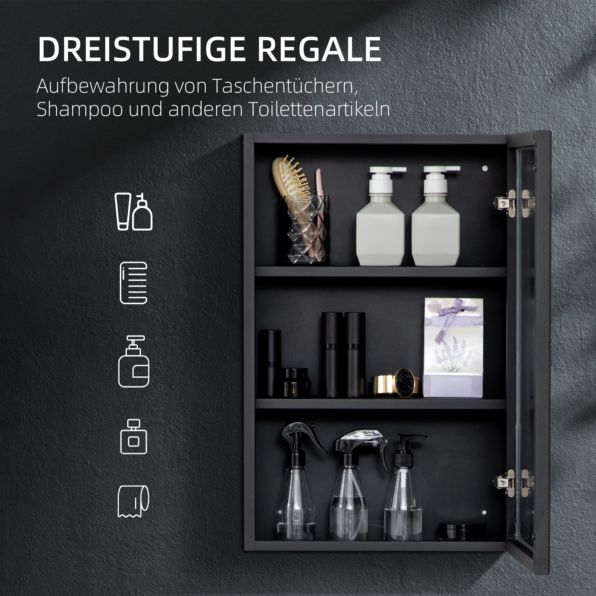 Spiegelschrank, Badschrank, 3 Regalfächer, Edelstahl, 40x12x60cm, Schwarz