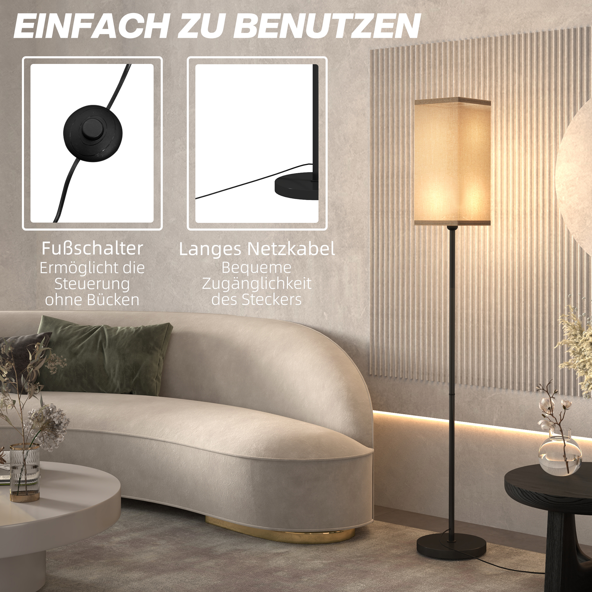 Moderne Stehlampe mit Kunstleinen-Schirm und Fußschalter, für Wohnzimmer und Schlafzimmer, Metall, Schwarz