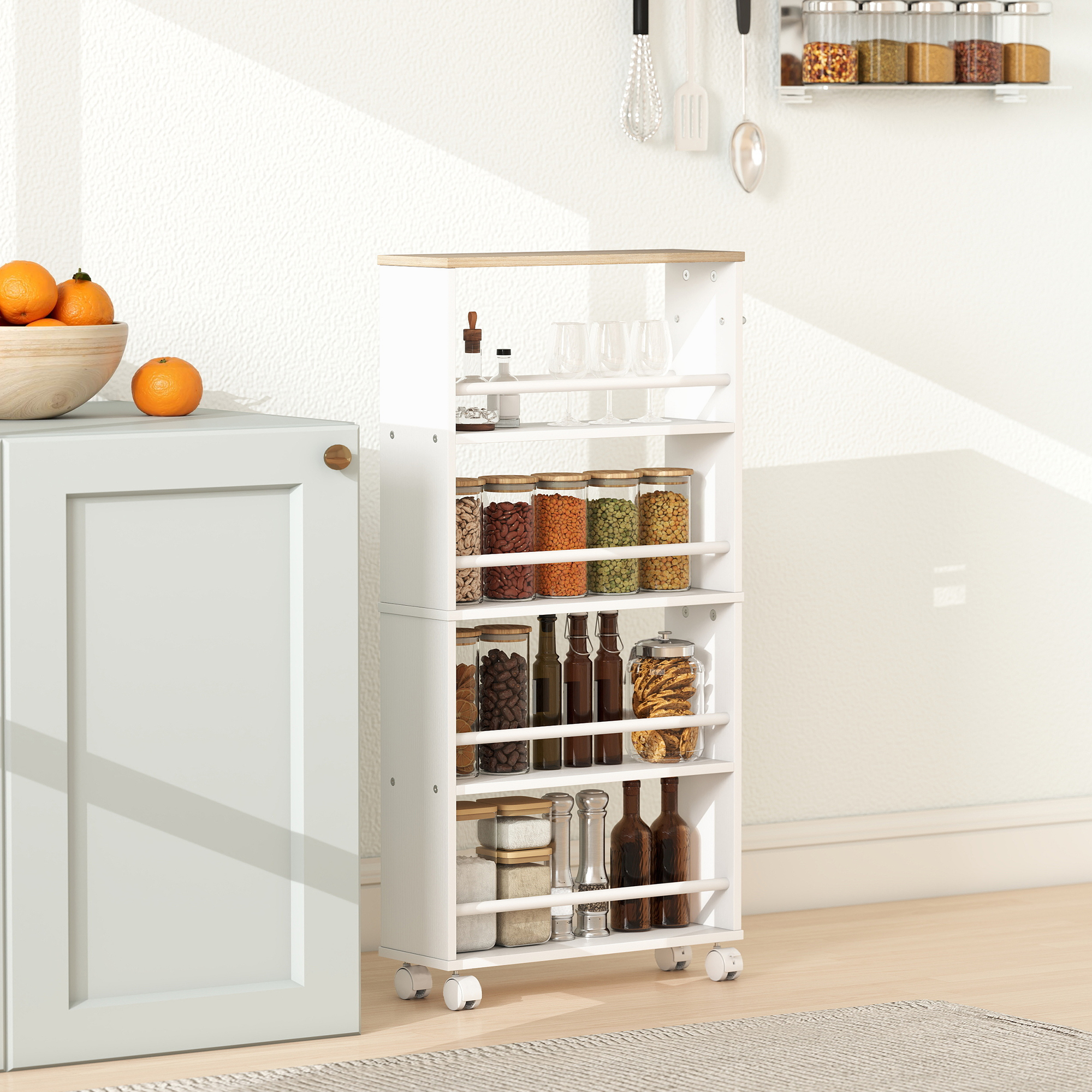 Multifunktionsregal mit Rollen, schmale Bauweise, 4 Fächer, 45x15x91 cm, Natur