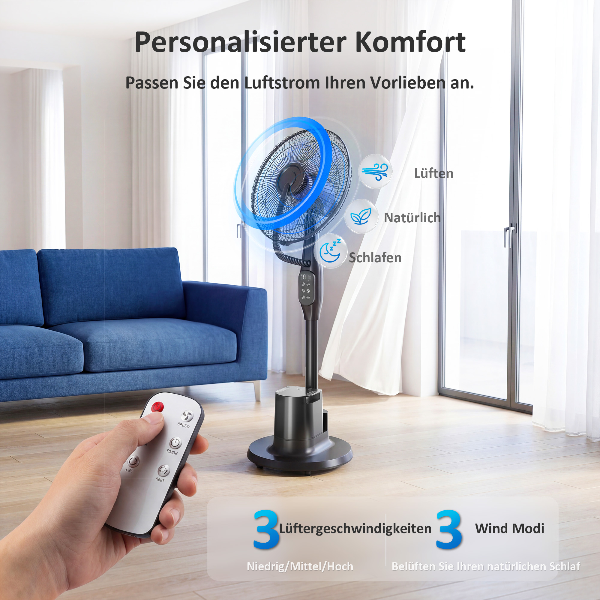 Stehventilator mit Sprühnebel, 70° Oszillation, 3 Geschwindigkeiten, 3 Modi, 3,5L Wassertank, Schwarz