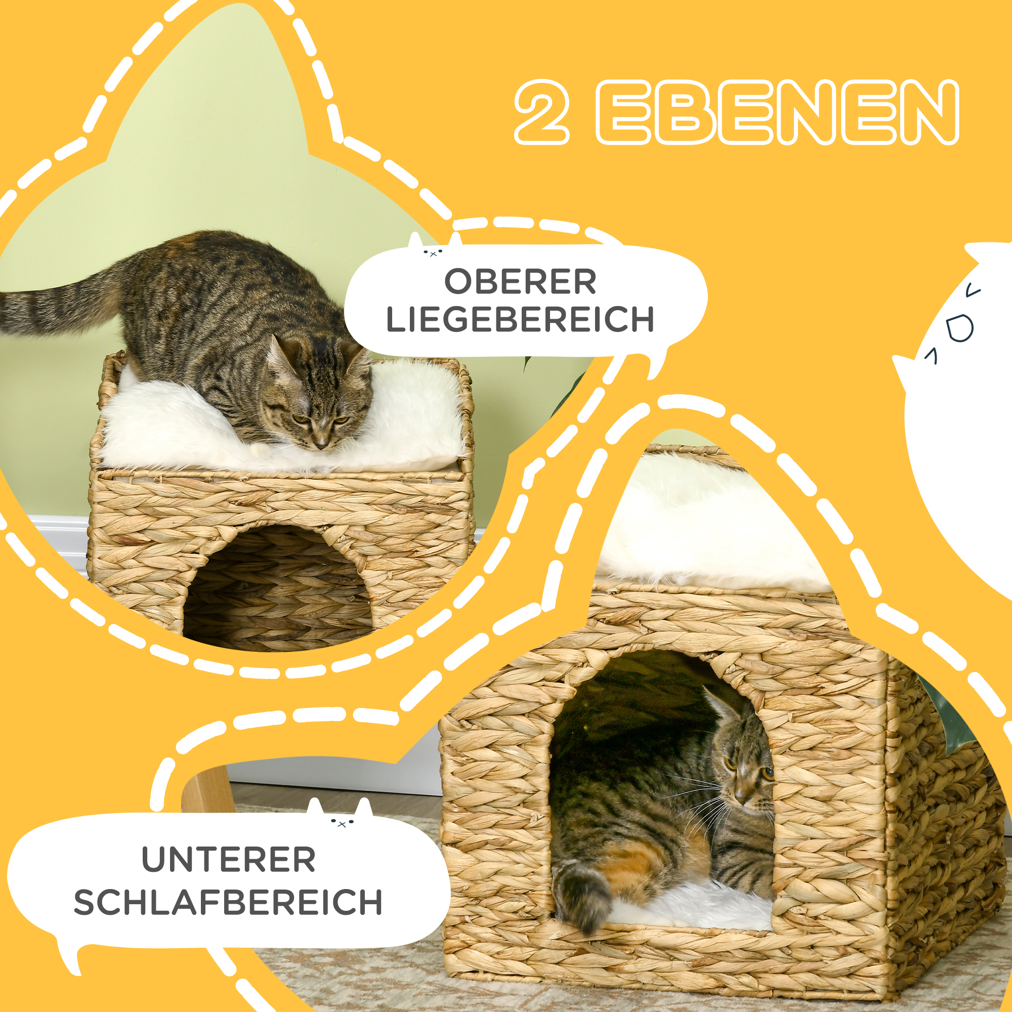 Katzenhöhle aus Wasserhyazinthen-Gras, 2 Liegefläche, 2 waschbare Kissen, Natur + Weiß