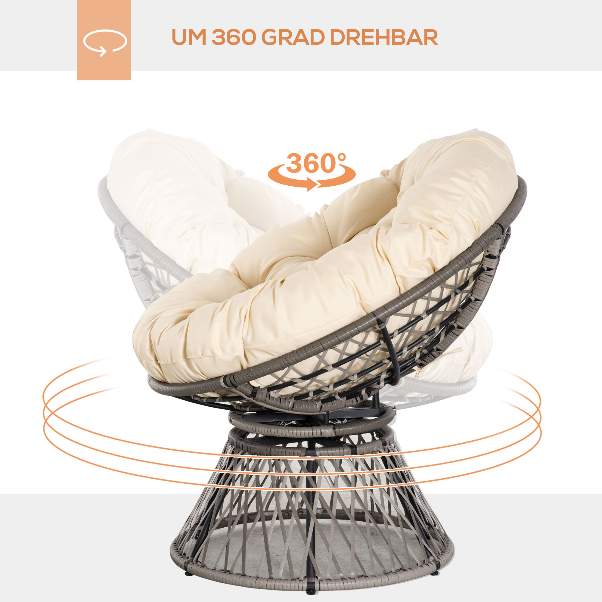 Papasansessel, Korbsessel, Sitzkissen, Kunstrattan, drehbar, Metallrahmen, 87 x 97 x 90 cm, Beige