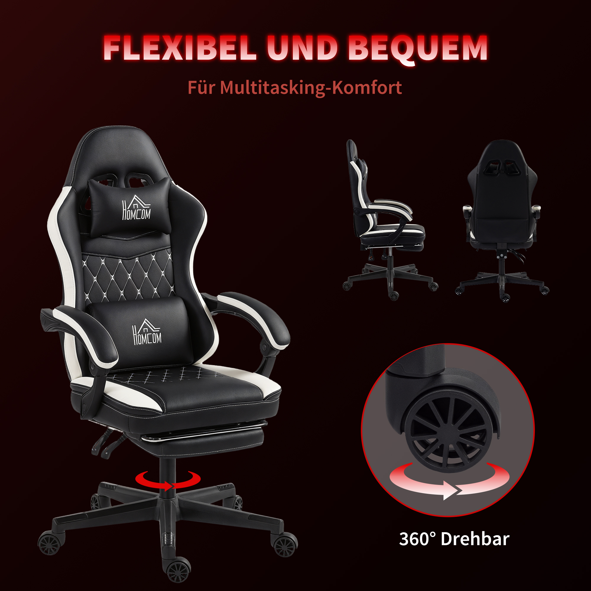Gaming-Stuhl mit Fußstütze, Computerstuhl mit Kopfstütze & Kissen, Kunstleder-Bezug, drehbar, höhenverstellbar, Metall, Kunststoff, Schwarz+Weiß