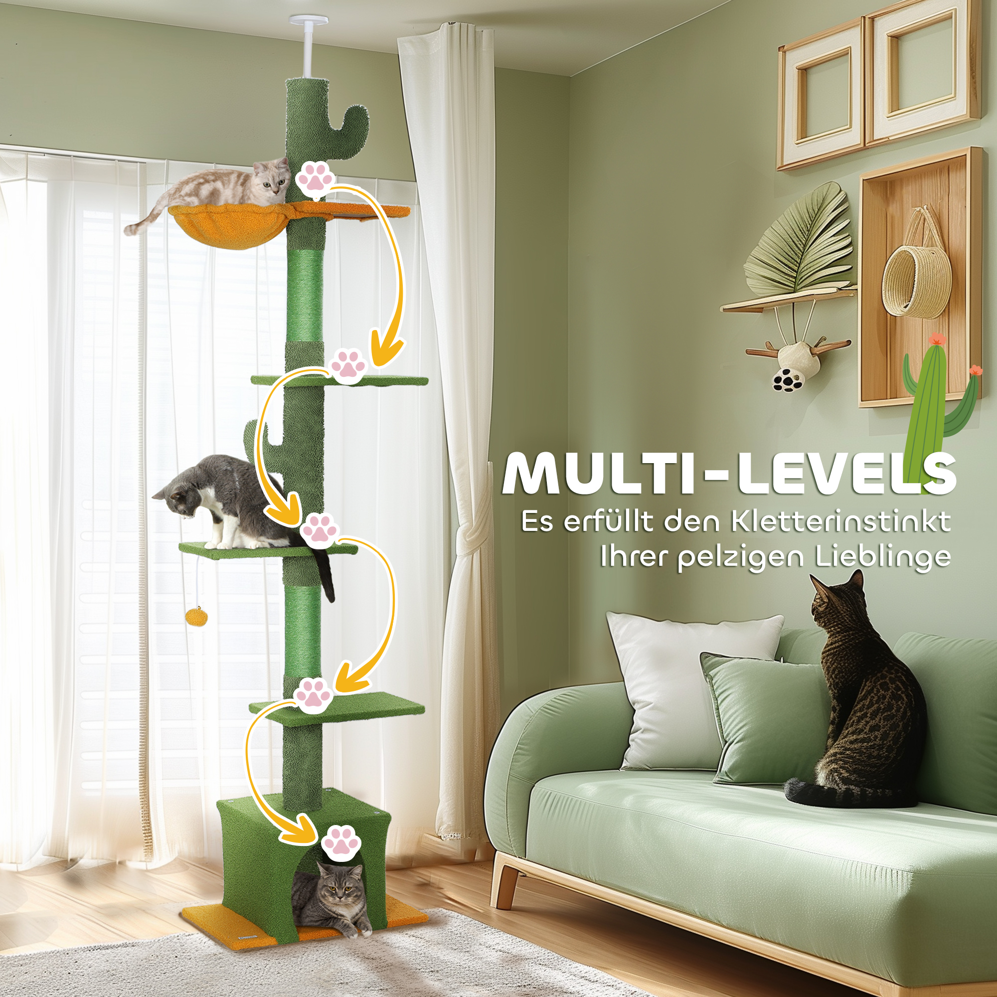 höhenverstellbarer Kratzbaum 230-275 cm, platzsparend, Spielzentrum mit Hängematte, Grün