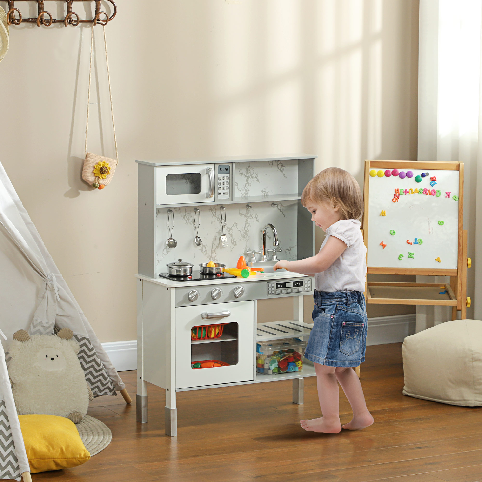 Spielküche mit Herd, Mikrowelle, viel Zubehör, höhenverstellbar, 70,1 x 28 x 90,2/96,1 cm, Weiß