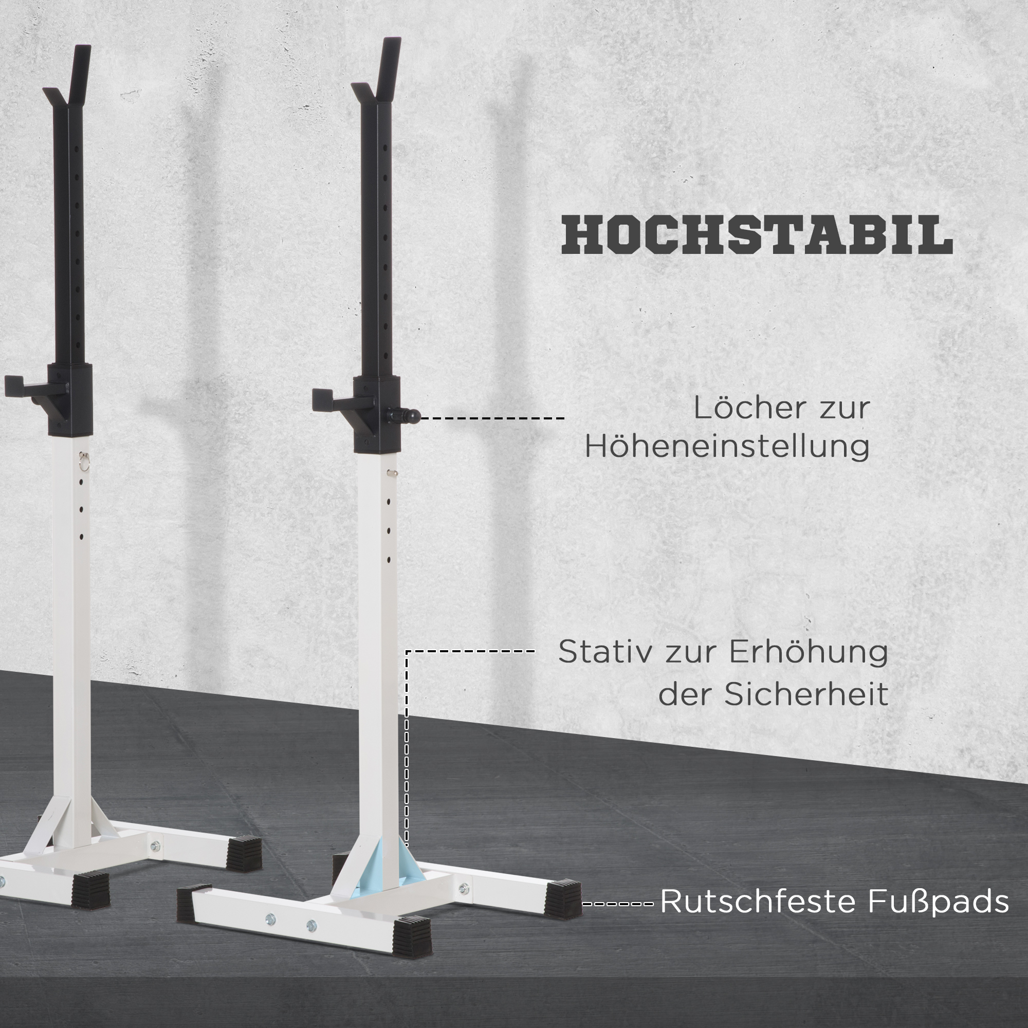 Hantelständer, 2er-Set, bis 150 kg belastbar, höhenverstellbar, Stahl, weiß+schwarz, 52 x 48 x 160 cm