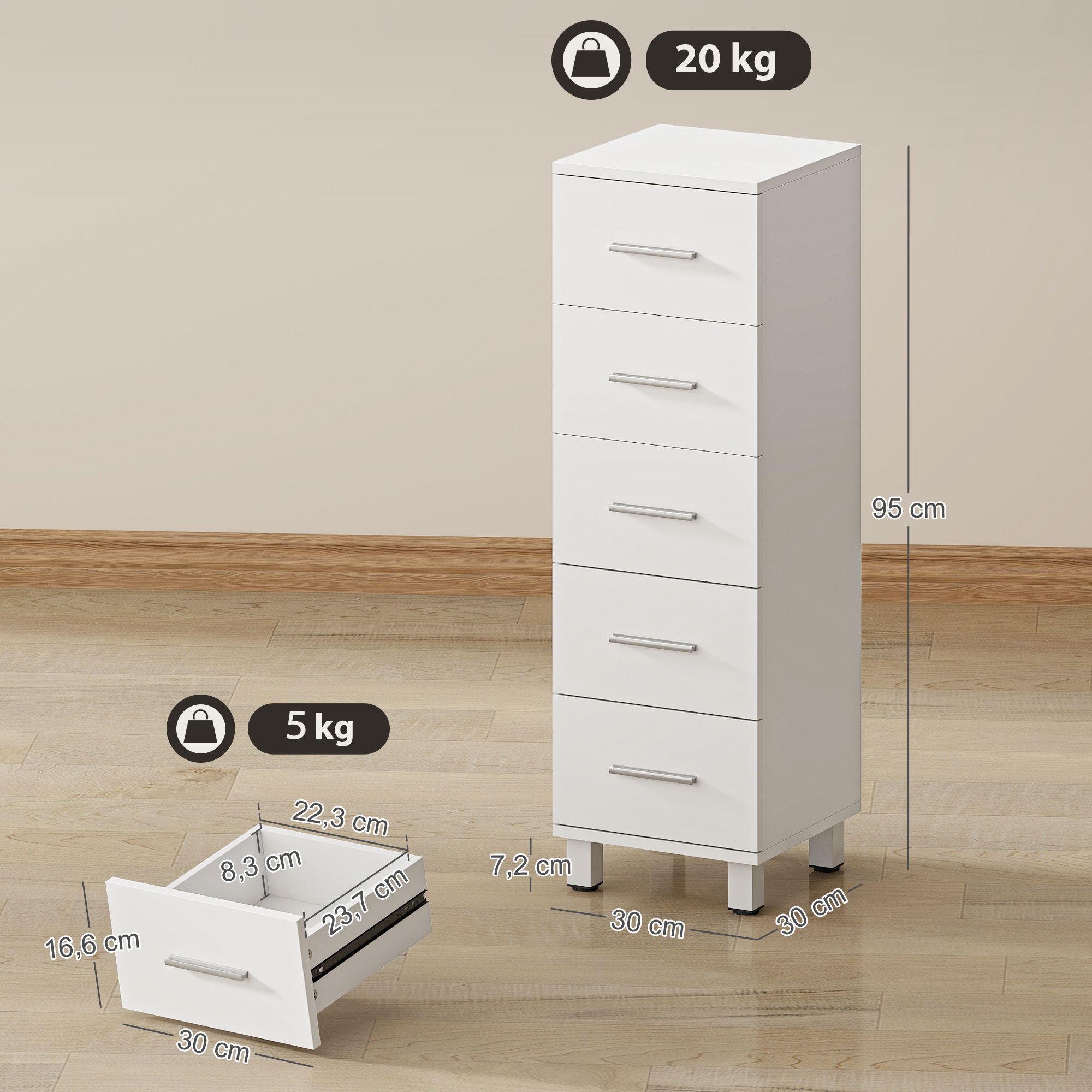 Badezimmerschrank Schmaler Badschrank mit 5 Schubladen für Badezimmer  30 x 30 x 95 cm Weiß