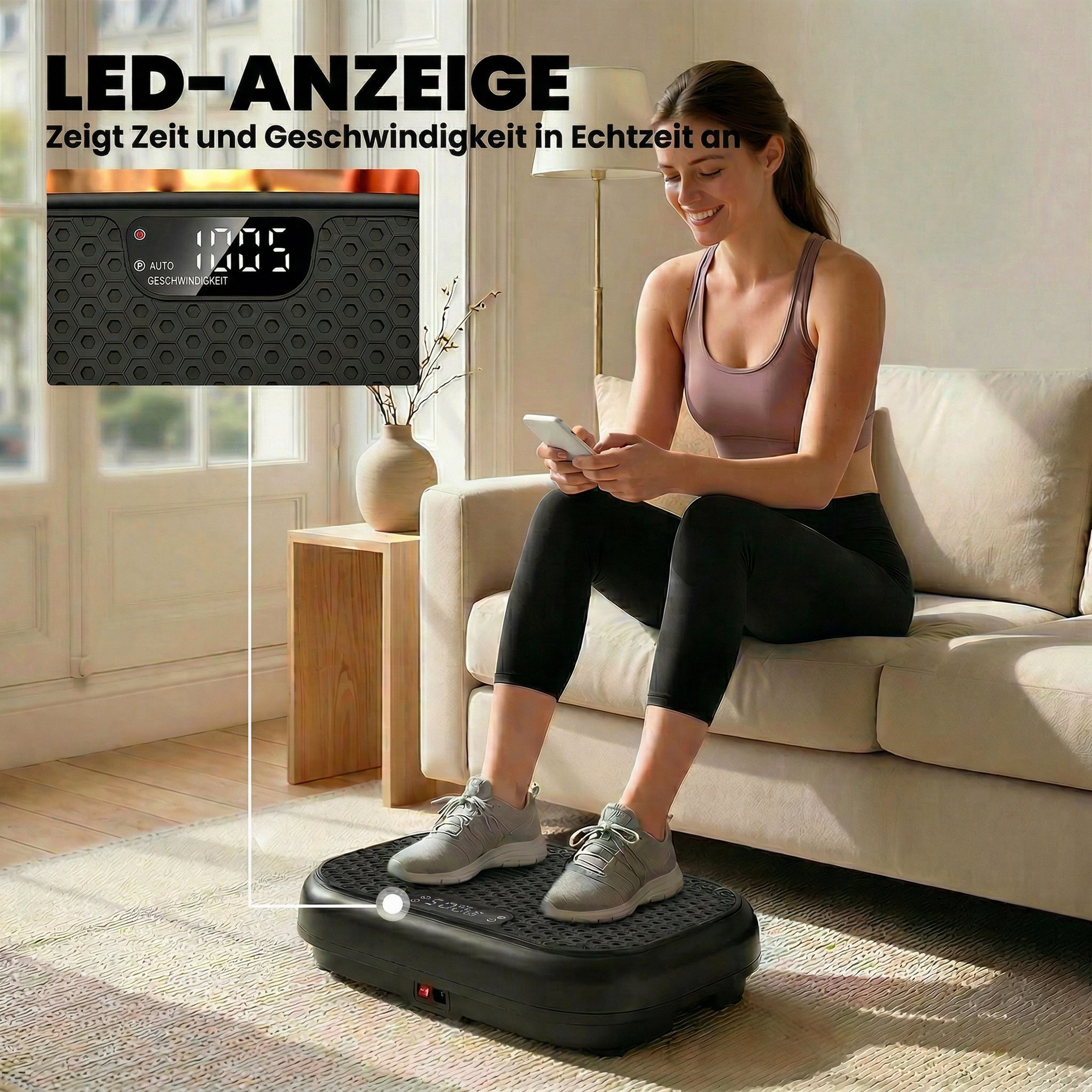 Vibrationsplatte Rüttelplatte mit 120 Intensitätsstufen 5 Vorprogramm Fernbedienung LED-Display für Muskelaufbau Schwarz