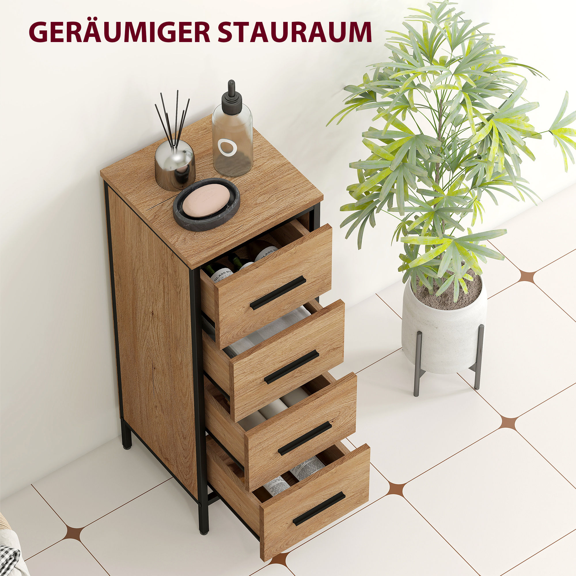 Badezimmerschrank, 4 Schubladen, kompakt, Industrie-Stil, Spanplatten, Metall