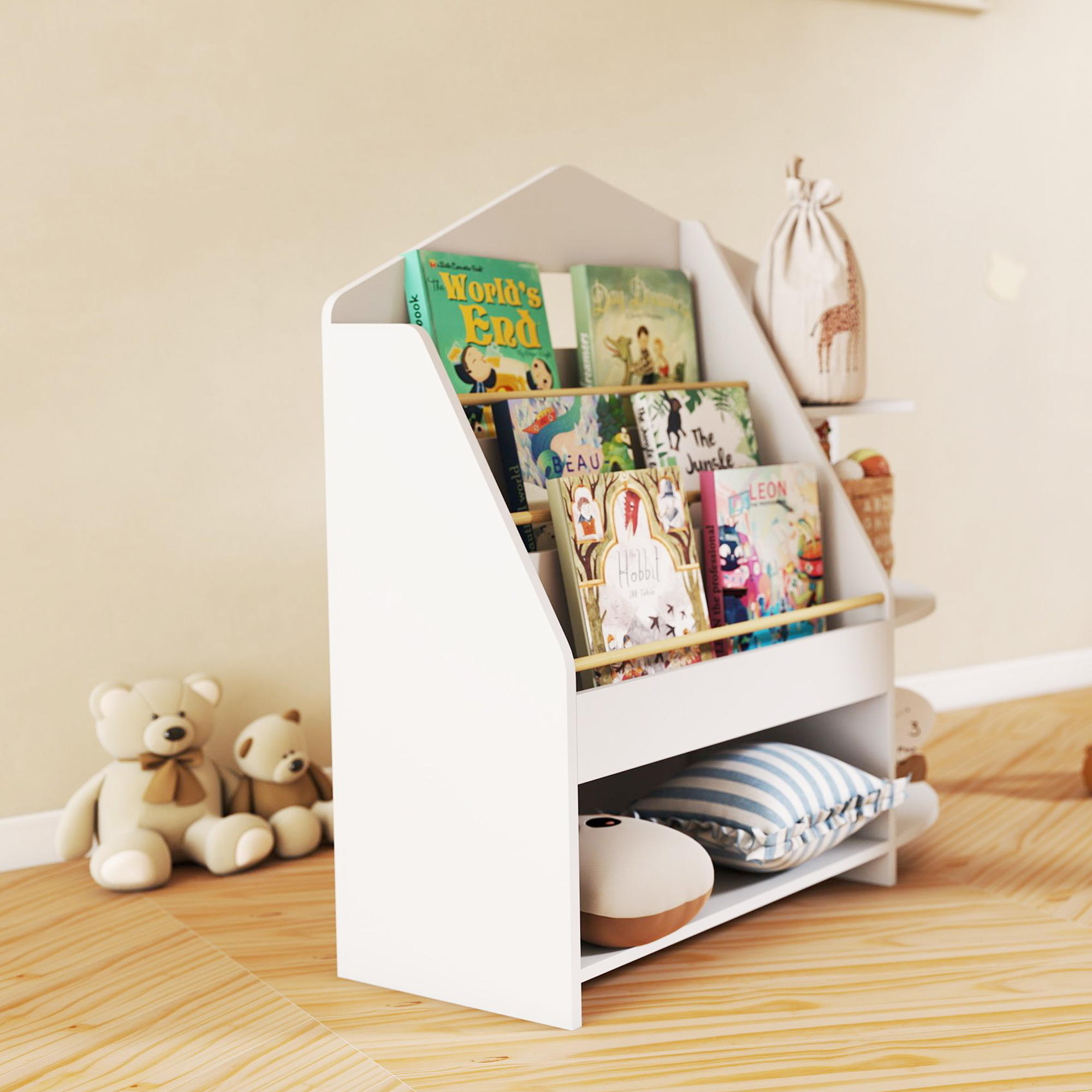 Kinderregal mit 7 Regalen für Bücher, Spielzeug, runde Kanten, trägt 40 kg, Weiß