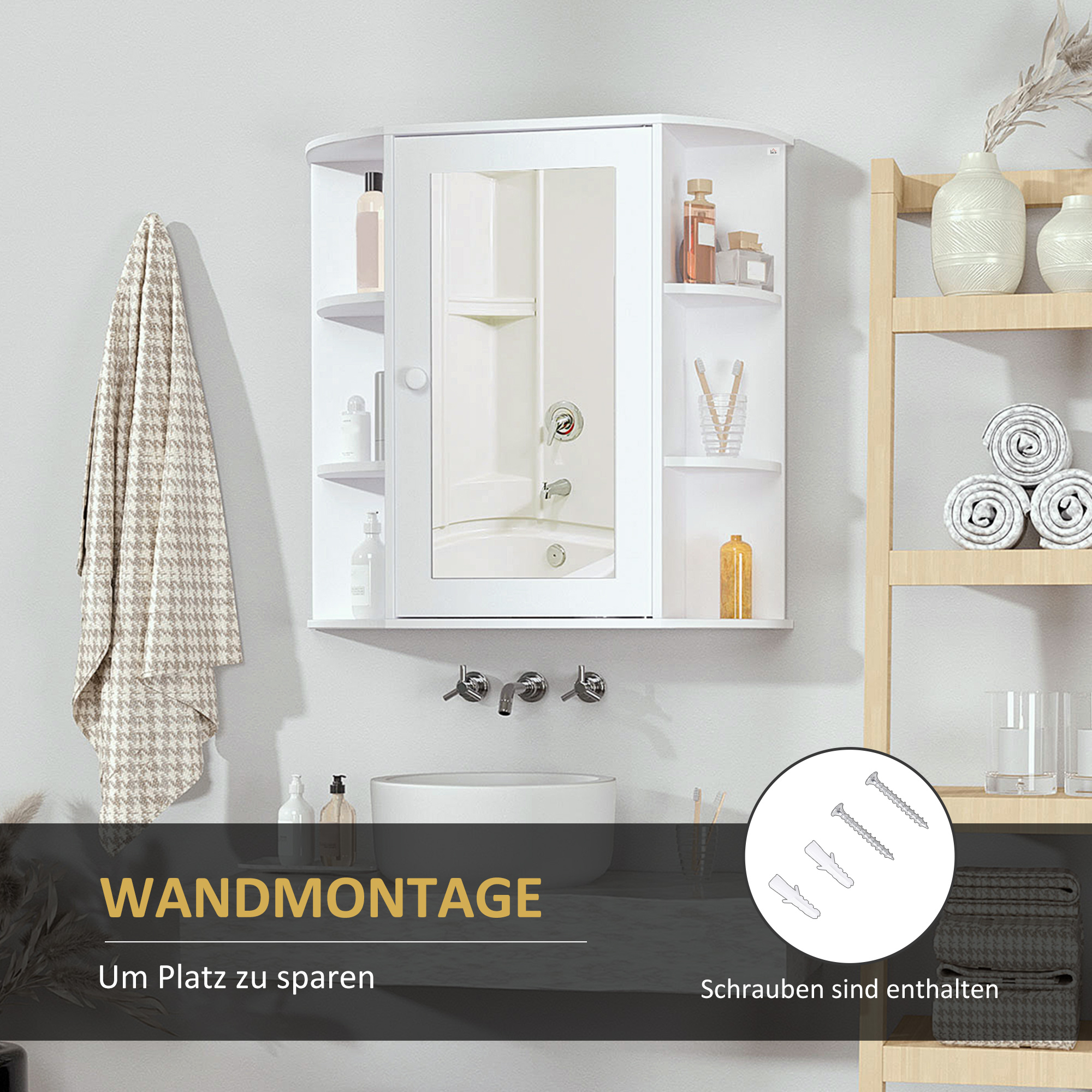 Spiegelschrank Badschrank Badezimmerschrank, 8 Fächer, Spiegeltüren, wasserbeständig, 66 cm x 17 cm x 63 cm, Weiß