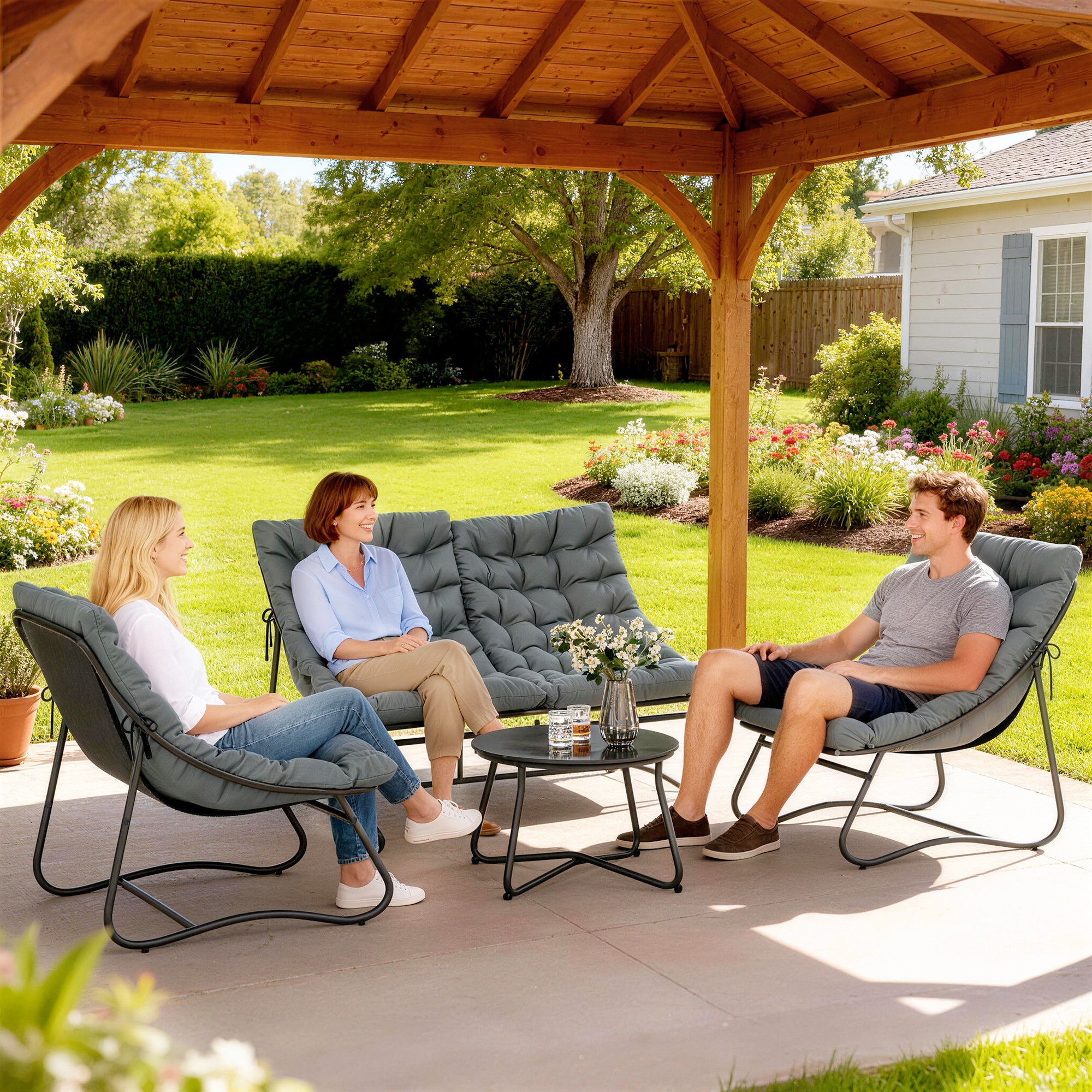 4-Sitzer Gartenmöbel-Set, 2 Stühle, 1 Doppel-Sofa, 1 Tisch, dicke Kissen, Stahlrahmen, für Terrasse, Grau