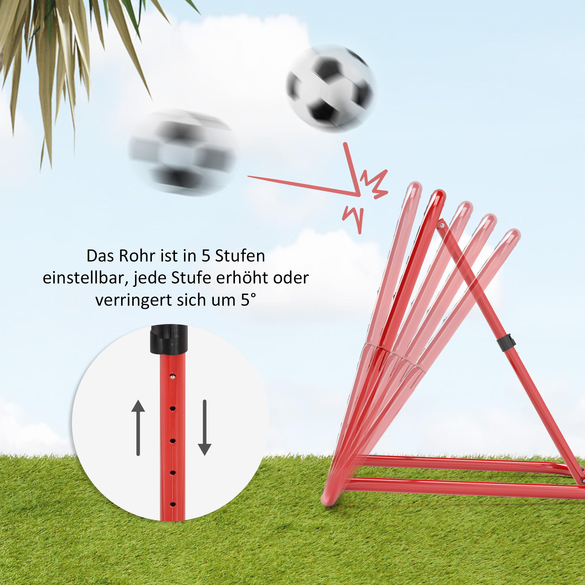 Fußball Rebounder-Netz, klappbar, Rückprallwand, Verstellbar in 5 Stufen, Metall, 78 x 84 x 65-78 cm, Rot