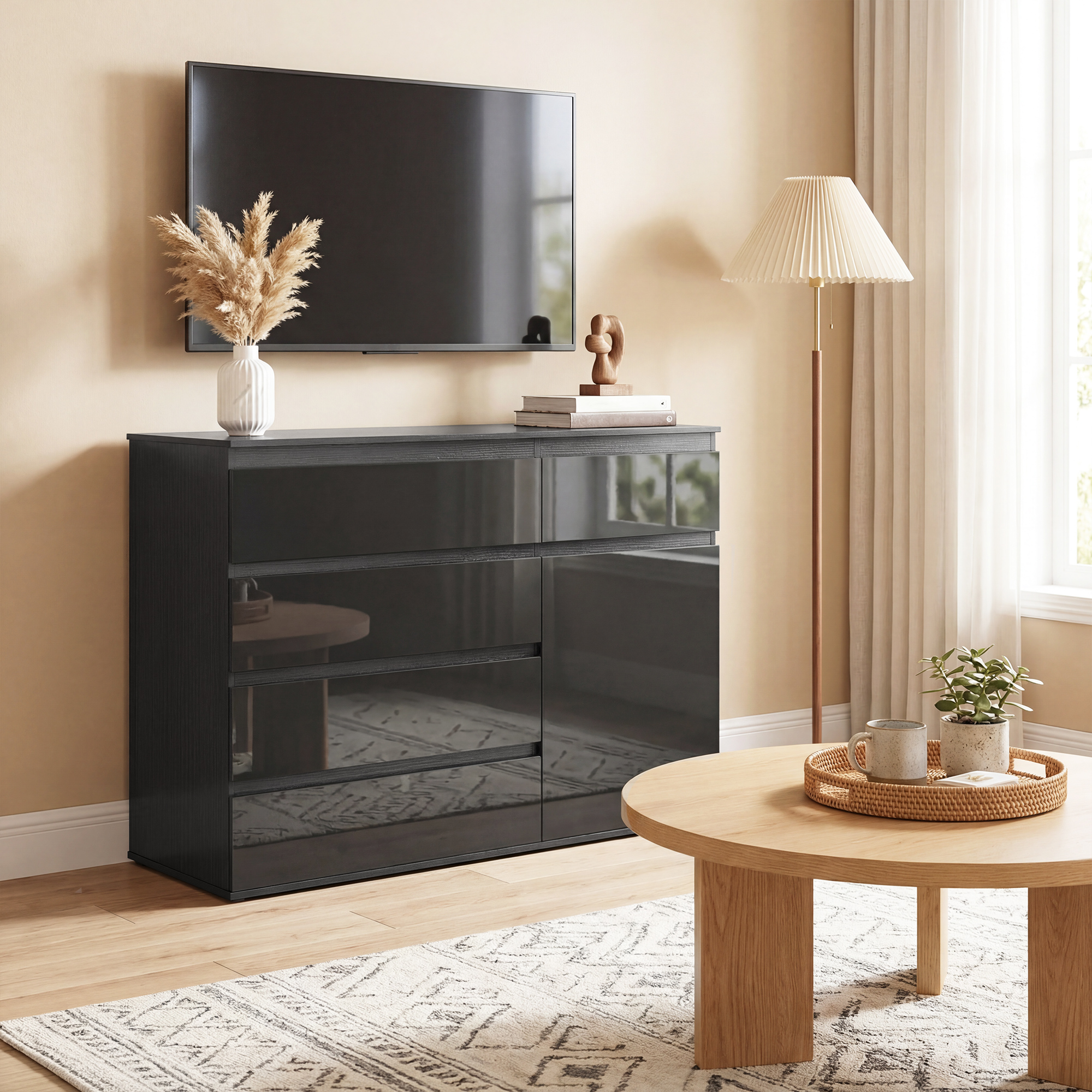 Modernes Sideboard, Stauraum-Sideboard mit 5 Schubladen, verstellbarem Regal, Soft-Close-Tür, Schwarz Hochglanz