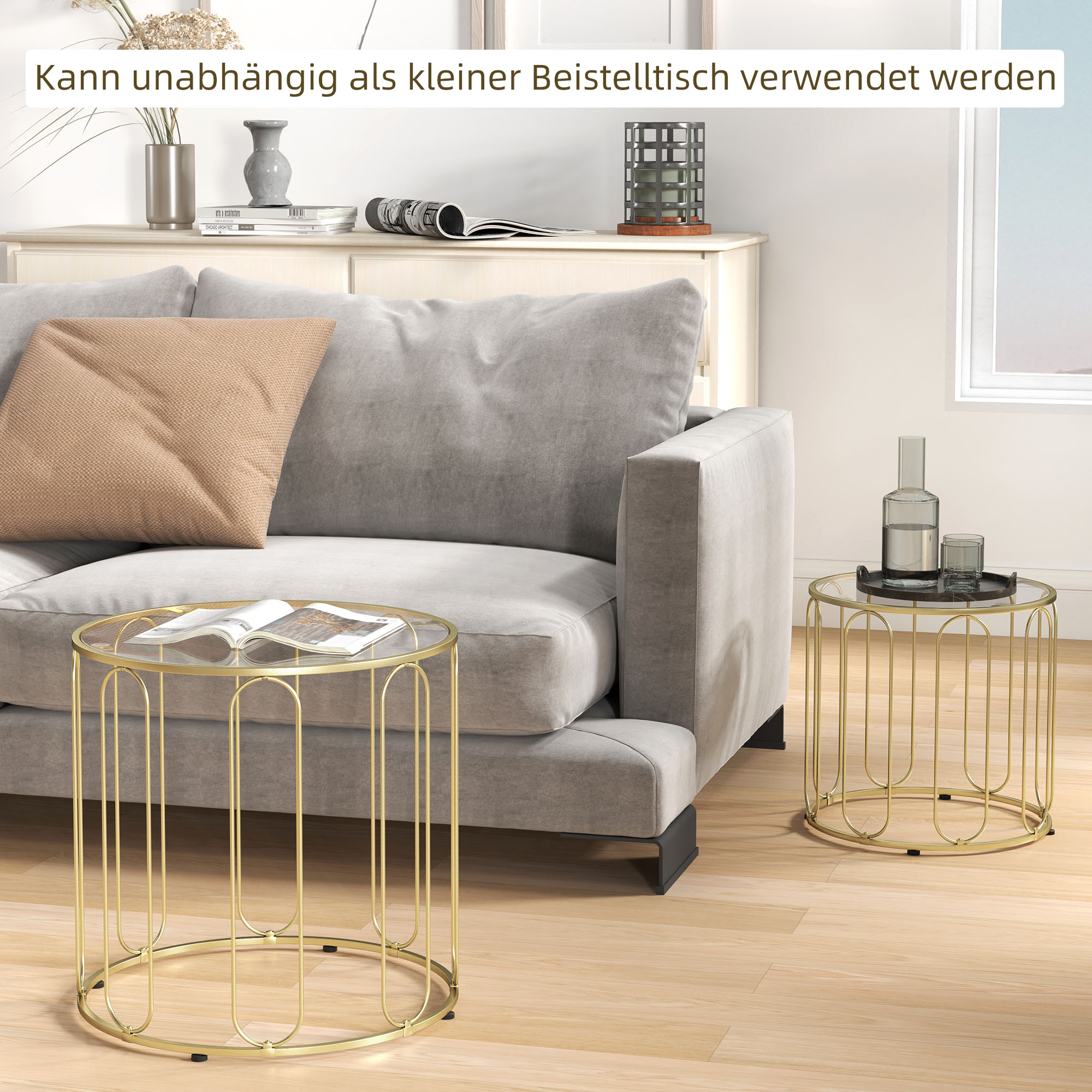 2er-Set Glastische, ineinander verschiebbar, Glasplatten, Metallgestell, Goldfarben