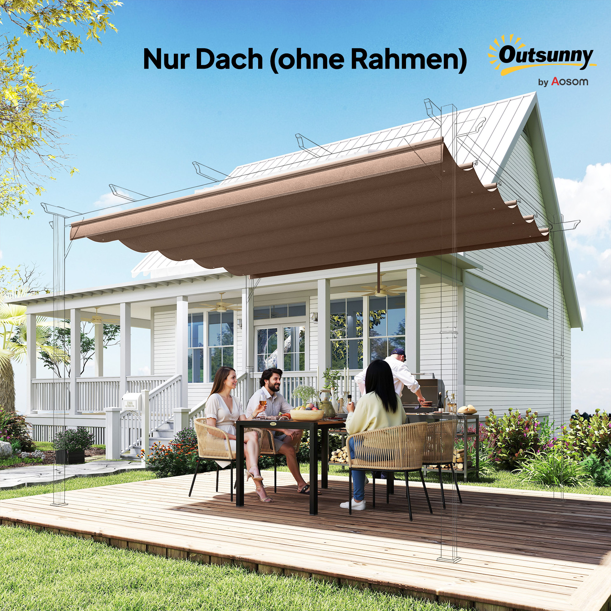 Ersatzdach für 3 x 3 m Pergola, einziehbar, mit Regenabflusslöchern, wetterfest, Polyester, Kaffee