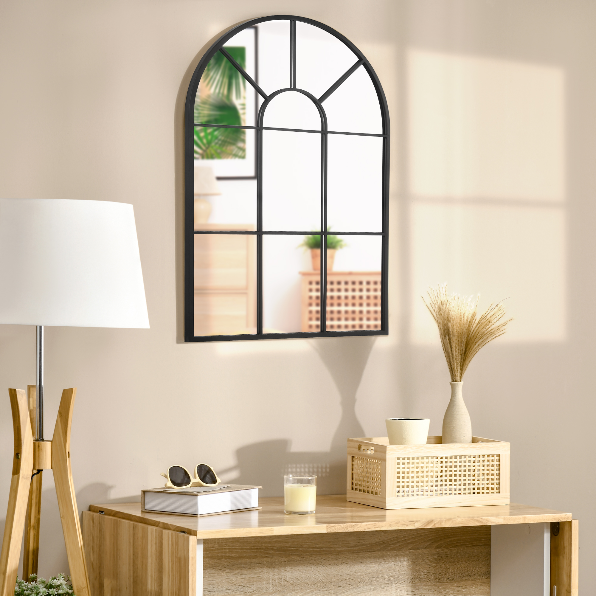 Fensterspiegel mit Metallrahmen, 91 cm x 2 cm x 60 cm Schwarz