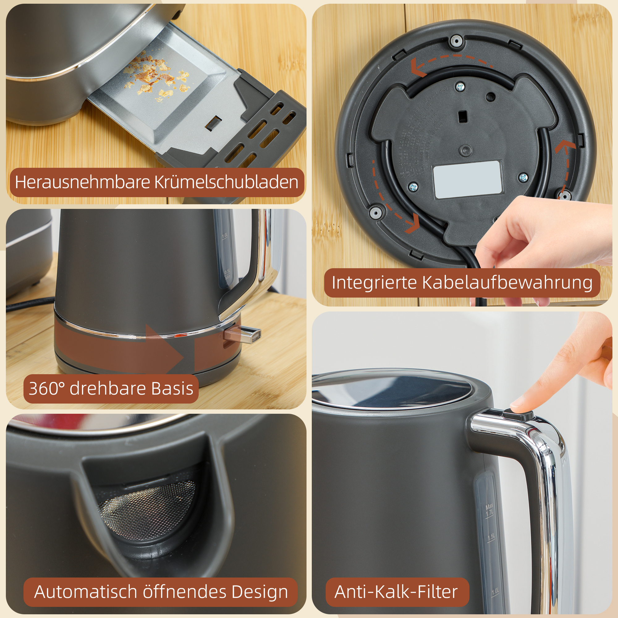 Set aus 1,7 L Wasserkocher und Toaster mit 6 Bräunungsstufen, Grau