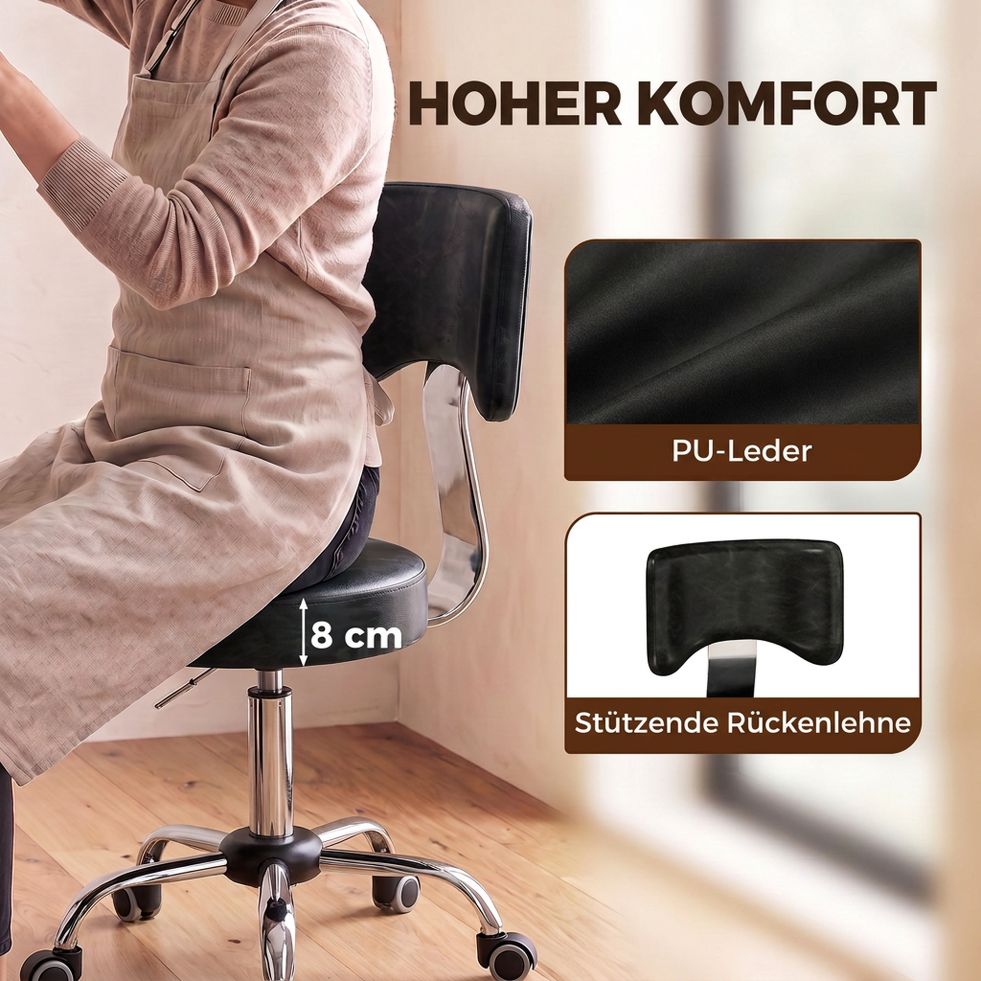 Rollhocker, höhenverstellbarer Salonstuhl aus PU-Leder mit Polstersitz, Rückenlehne und Rollen, Schwarz