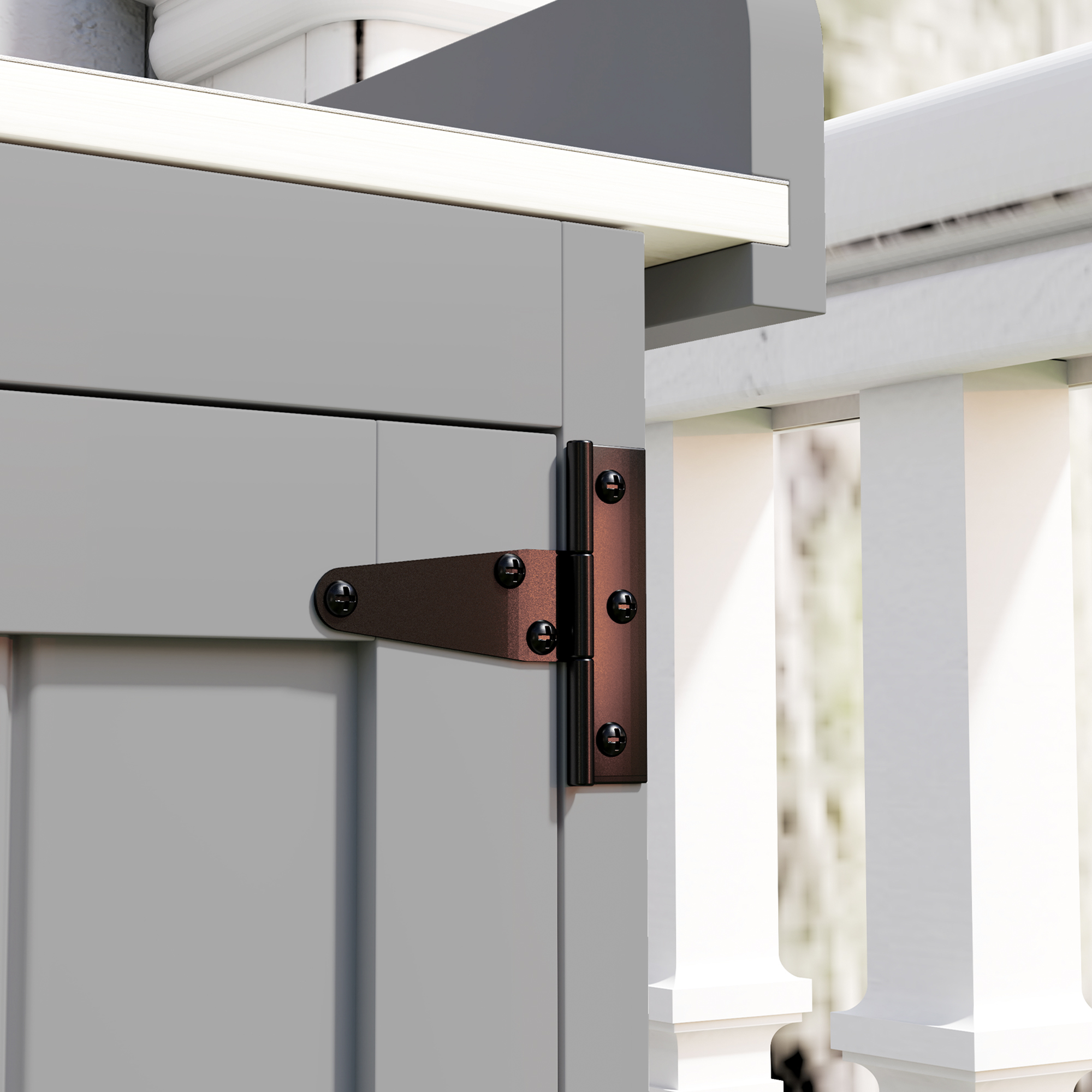 Gartenschrank, Werkzeugschrank für den Außenbereich, mit Arbeitsfläche, Holz und Edelstahl, Doppeltüren, Grau