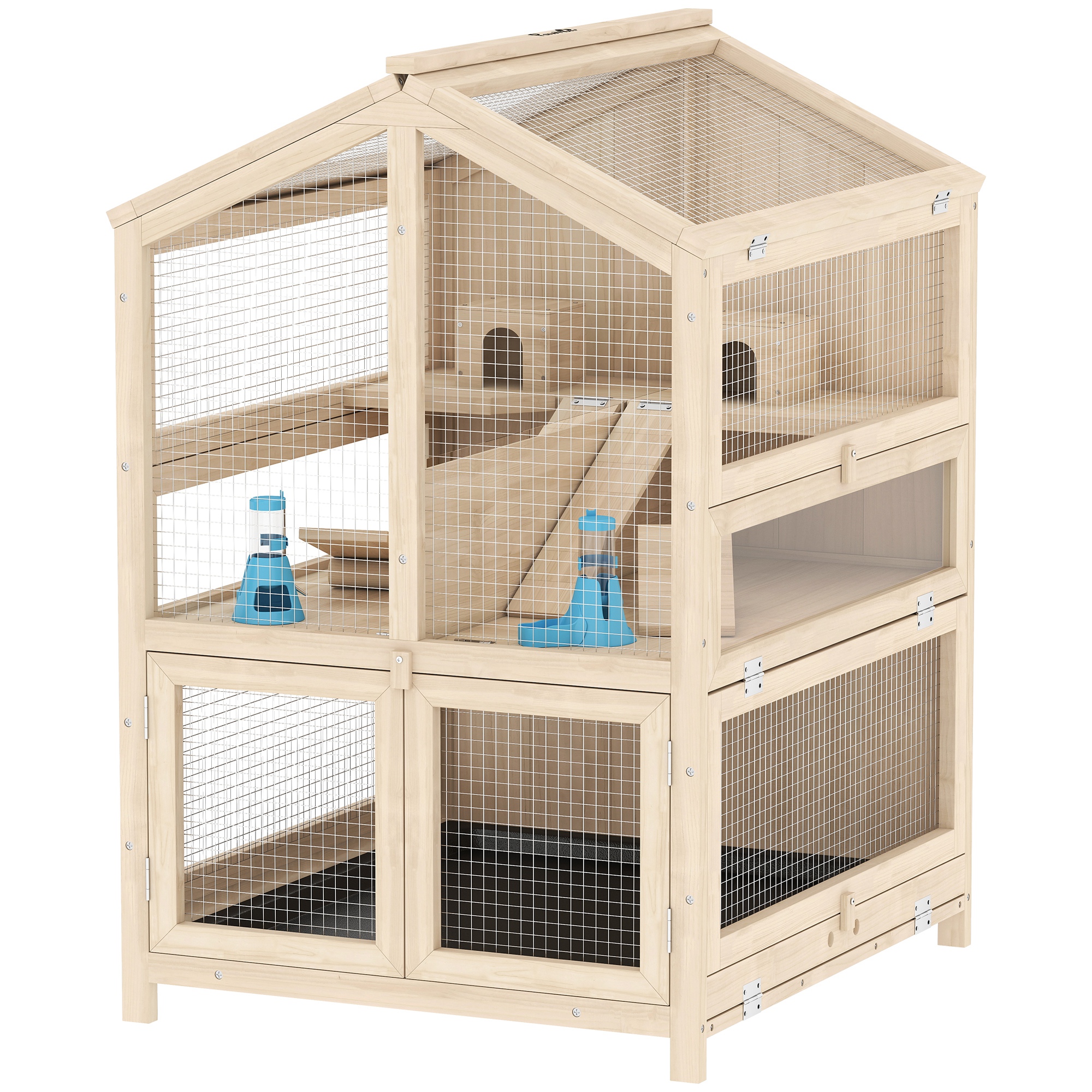 Hamsterkäfig aus Holz 3 Etagen Nagerkäfig Kleintierkäfig mit Hütten Wippen Rampen Wasserschalen 68x61,5x90 cm Naturholz