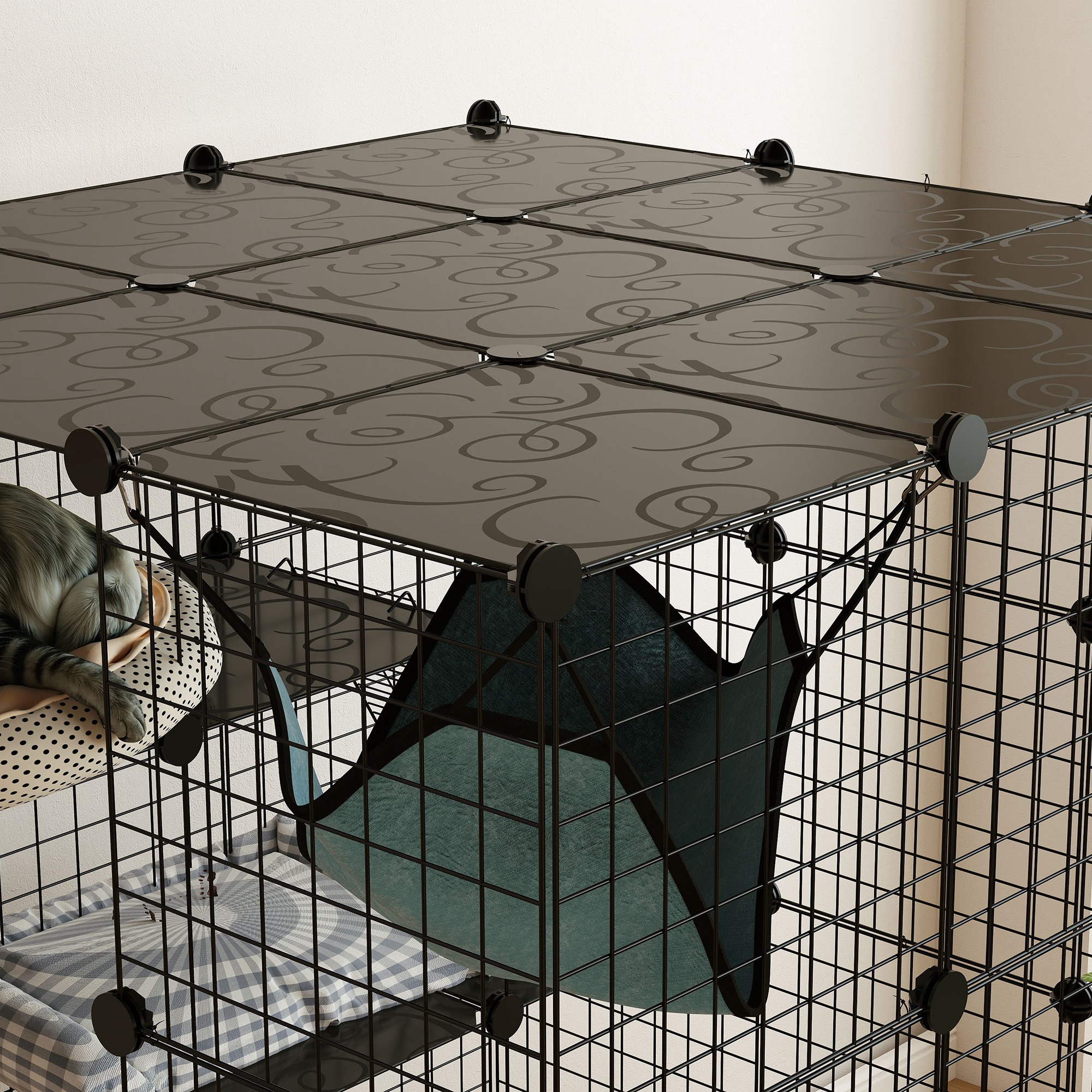 Katzenkäfig für Drinnen 4-stöckig DIY-Katzengehege mit dichtem Metalldraht Hängematte Rampe Türen Sprungplattformen