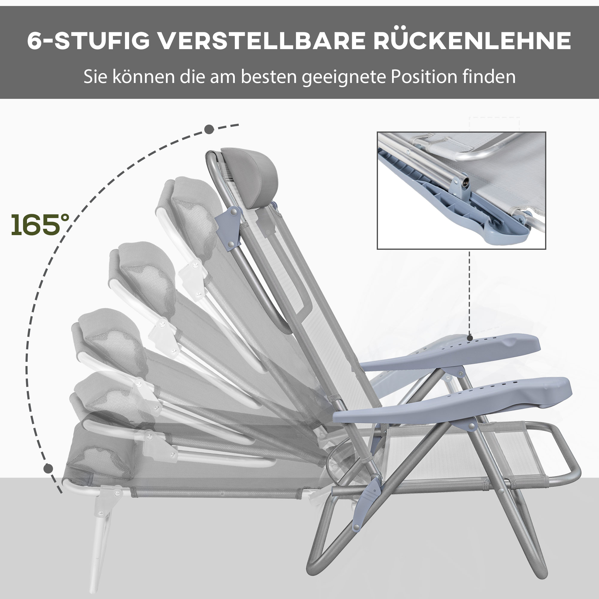 2er Set Campingstühle klappbar Campingstuhl mit 6-fach verstellbarer Netzrückenlehne Kopfstütze 62 x 65 x 80 cm Hellgrau