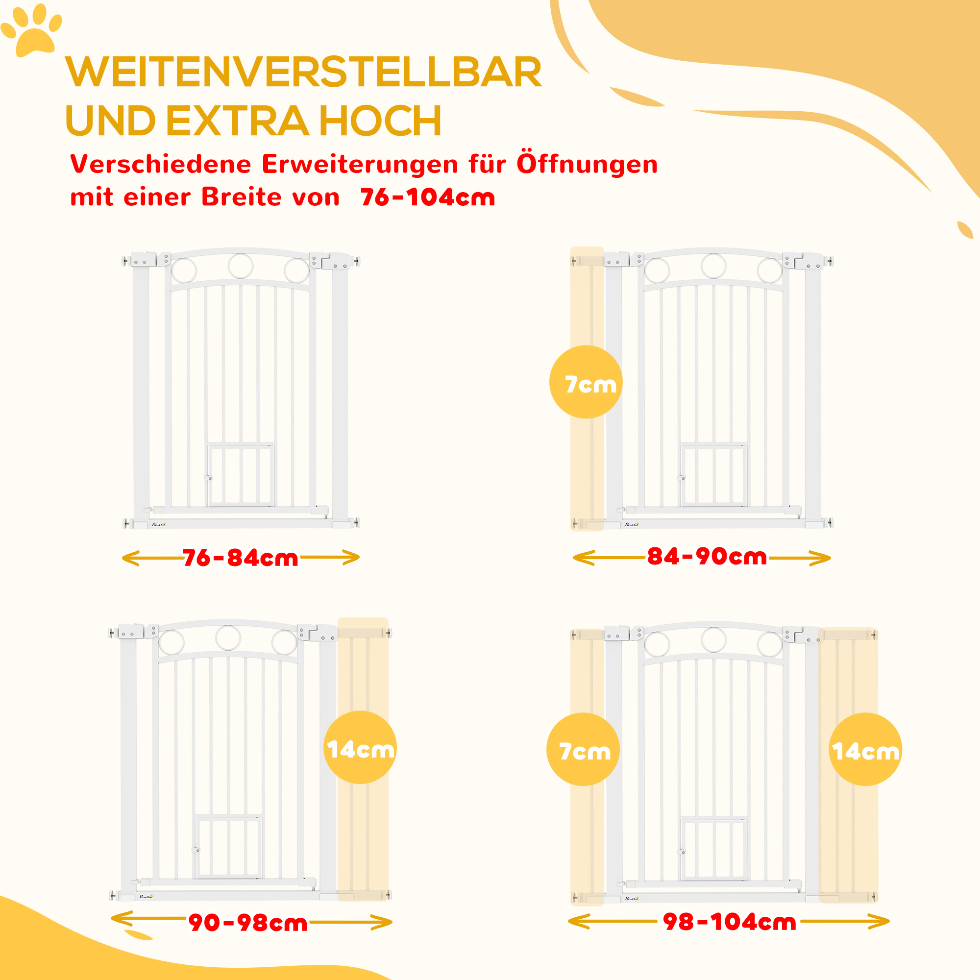 Haustiertor, 96 cm Treppengatter, verstellbare Breite 76-104 cm, mit Katzentür, für Treppen und Türöffnungen, Weiß