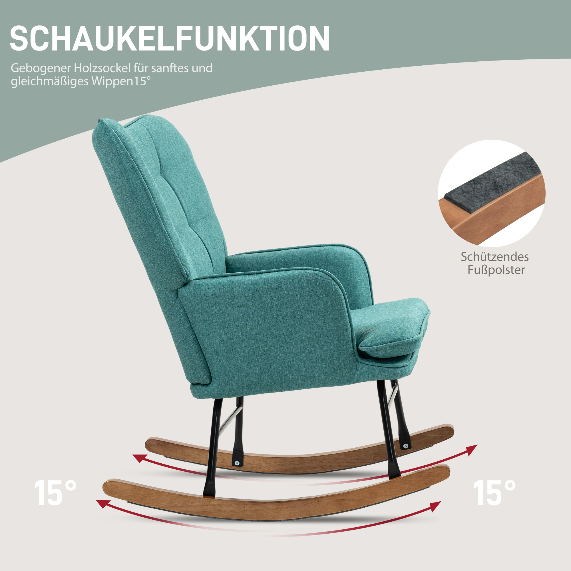 Schaukelstuhl mit Fußhocker, breite Sitzfläche, hohe Rückenlehne, Leinenimitat, Mintgrün