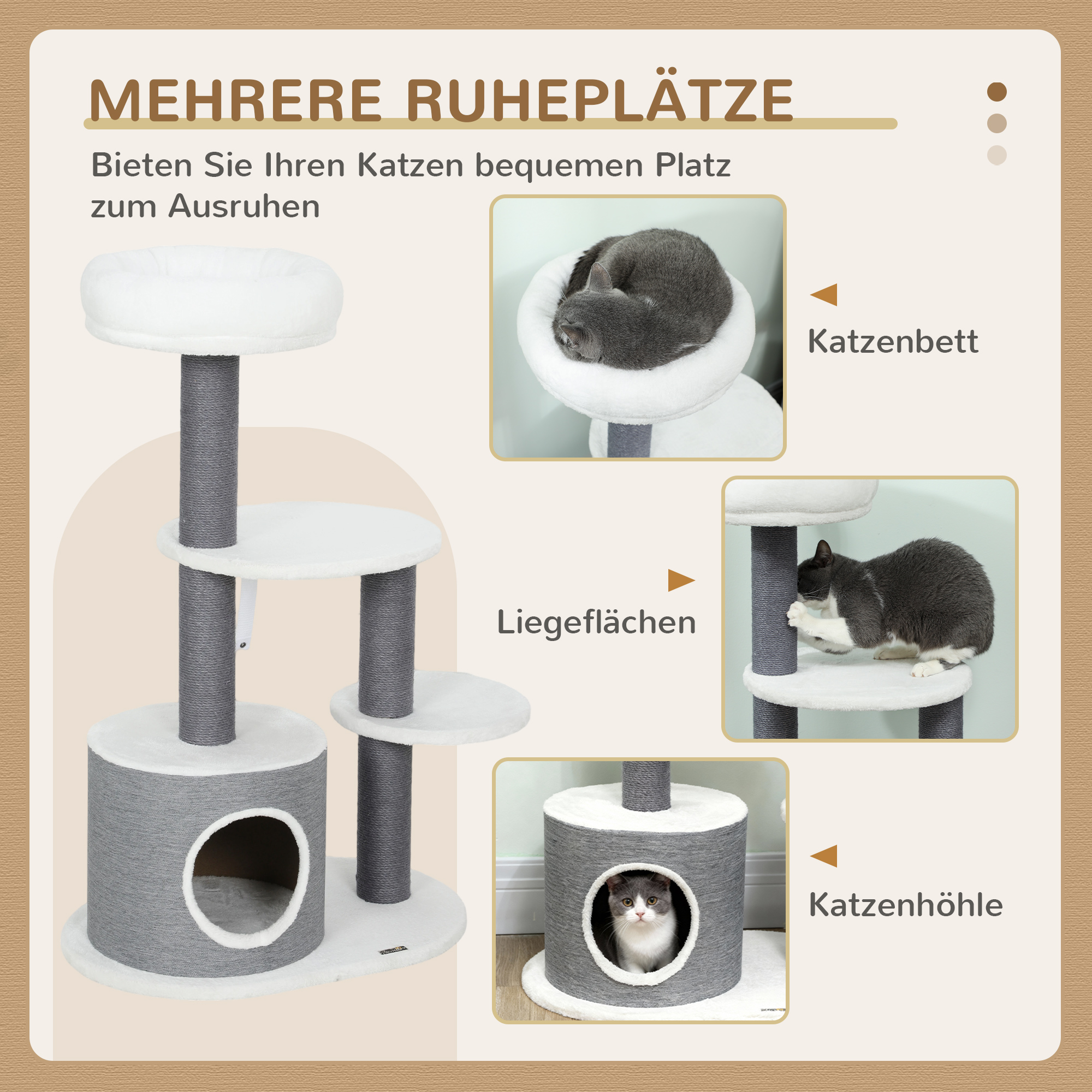 Kratzbaum mit 1 Katzenhöhle, 1 Katzenbett, 2 Plattformen, Jute-Seilspfosten, Weiß + Grau