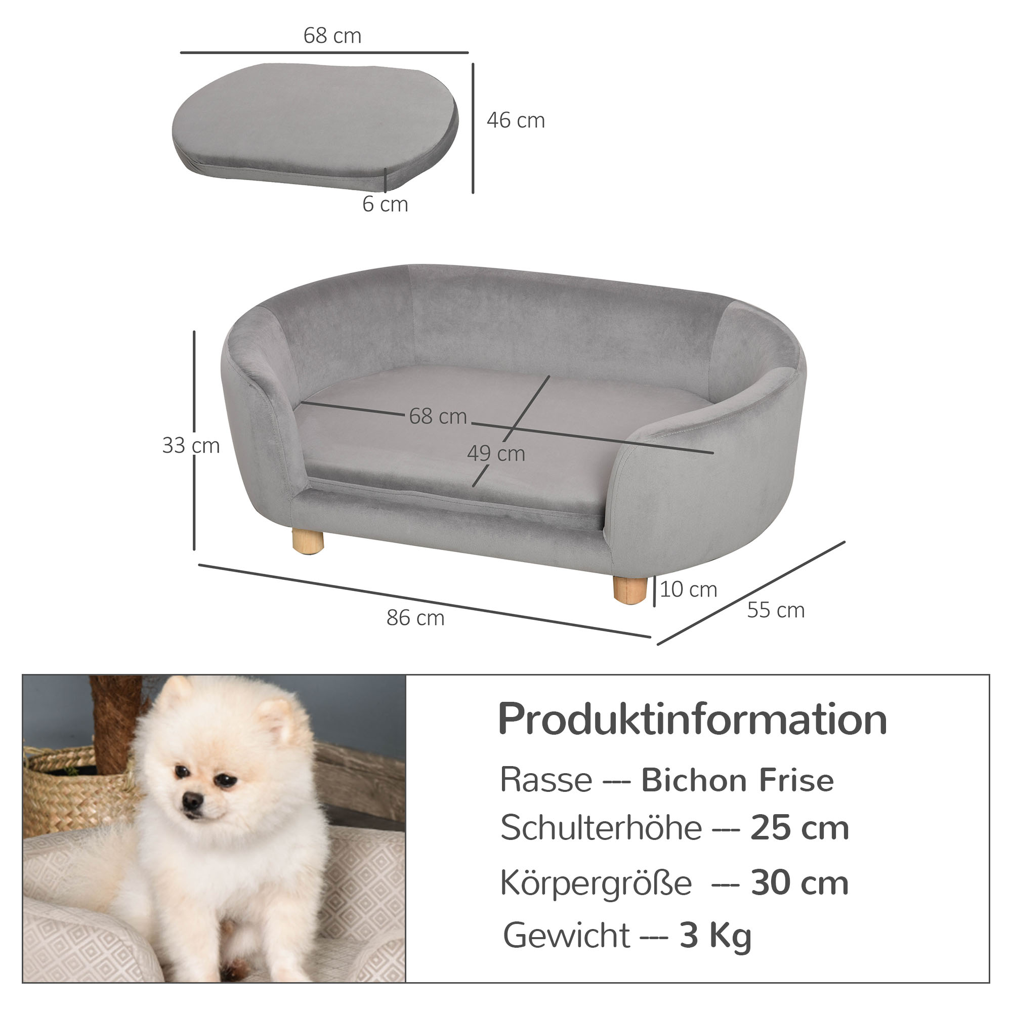 Haustiersofa Hundesofa Hundebett mit Holländischer Samt Schaumstoff Birke Bein für Katzen Hunde  86 x 55 x 33 cm Hellgrau