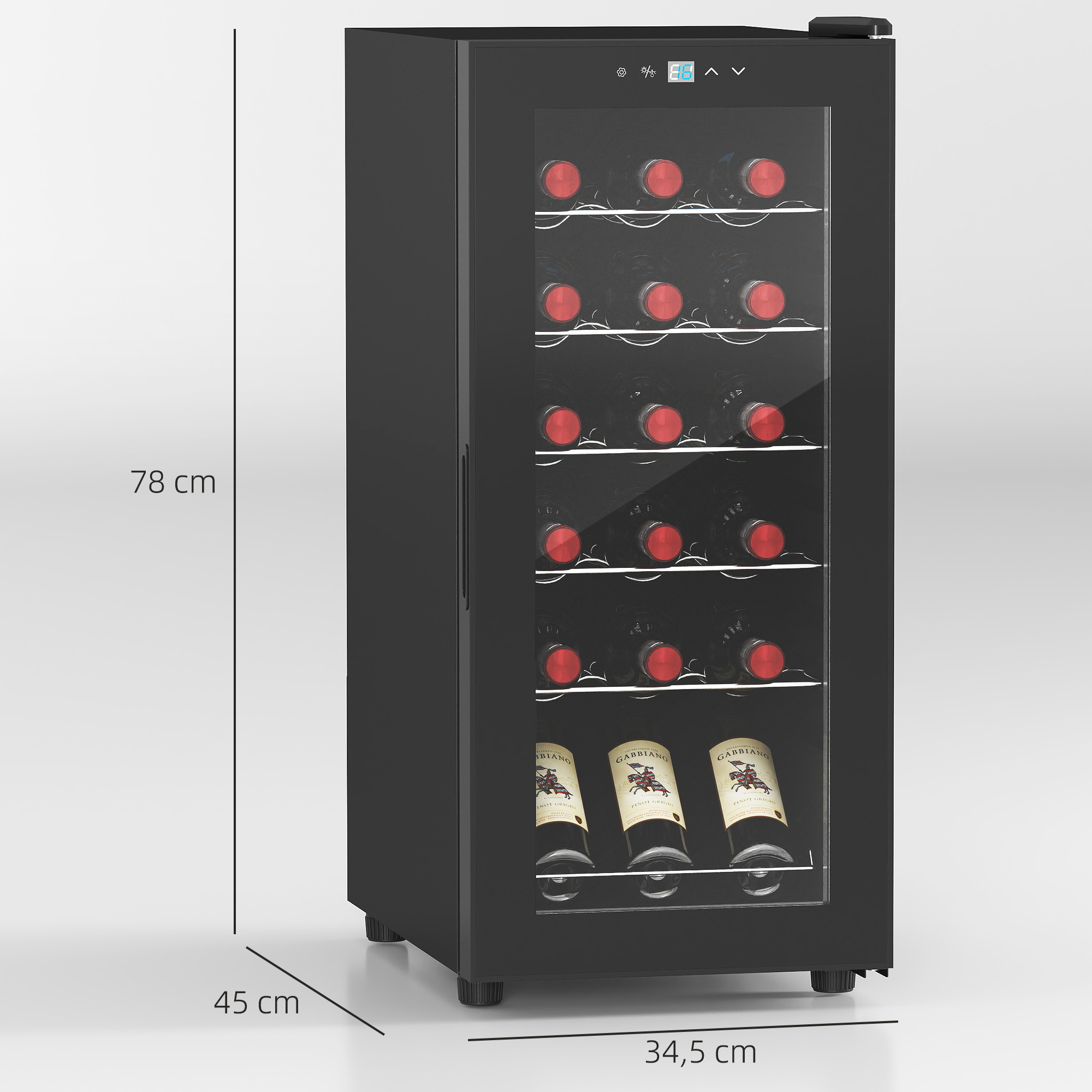 Weinkühlschrank, leise, 5-18°C, Touchscreen, Beleuchtung, 34,5x45x78cm, Schwarz