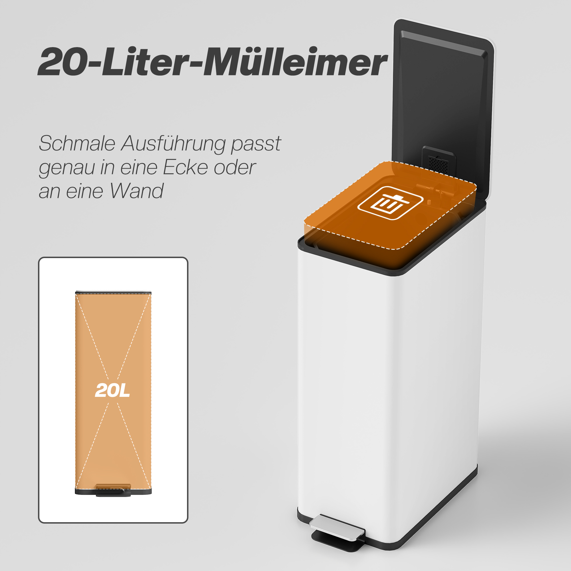 Mülleimer 20l, Soft-Close-Deckel, Deodorant-Fach, Fingerabdrucksicher, Edelstahl, Weiß