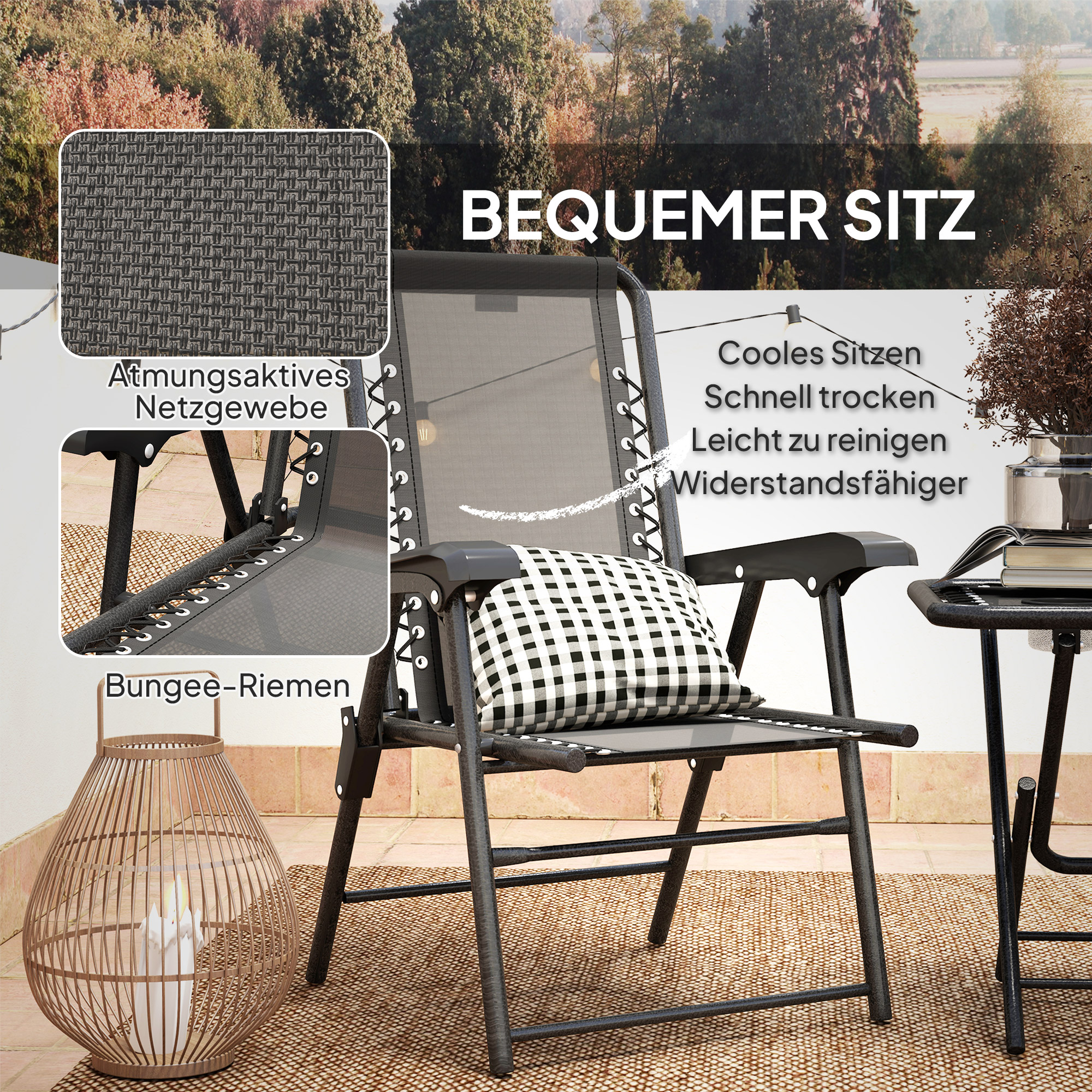 Bistro Set 3-teilig aus Stahl Wetterfest Gartenmöbel Set mit klappbar Bistrotisch Becherhalter Gartenstühlen Schwarz