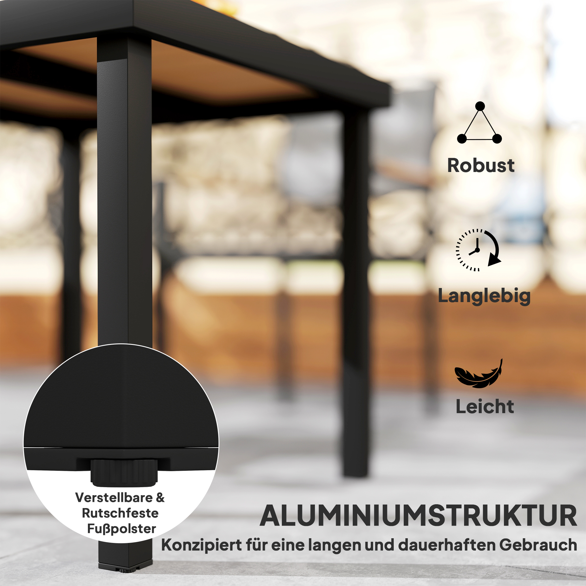 Gartentisch Kunststoff 78 x 78 x 74 cm Wetterfest Aluminiumrahmen, Buffettisch Campingtisch für 4 Personen Balkontisch Terrassentisch Outdoor Esstisch für Garten, Terrasse Balkon Schwarz