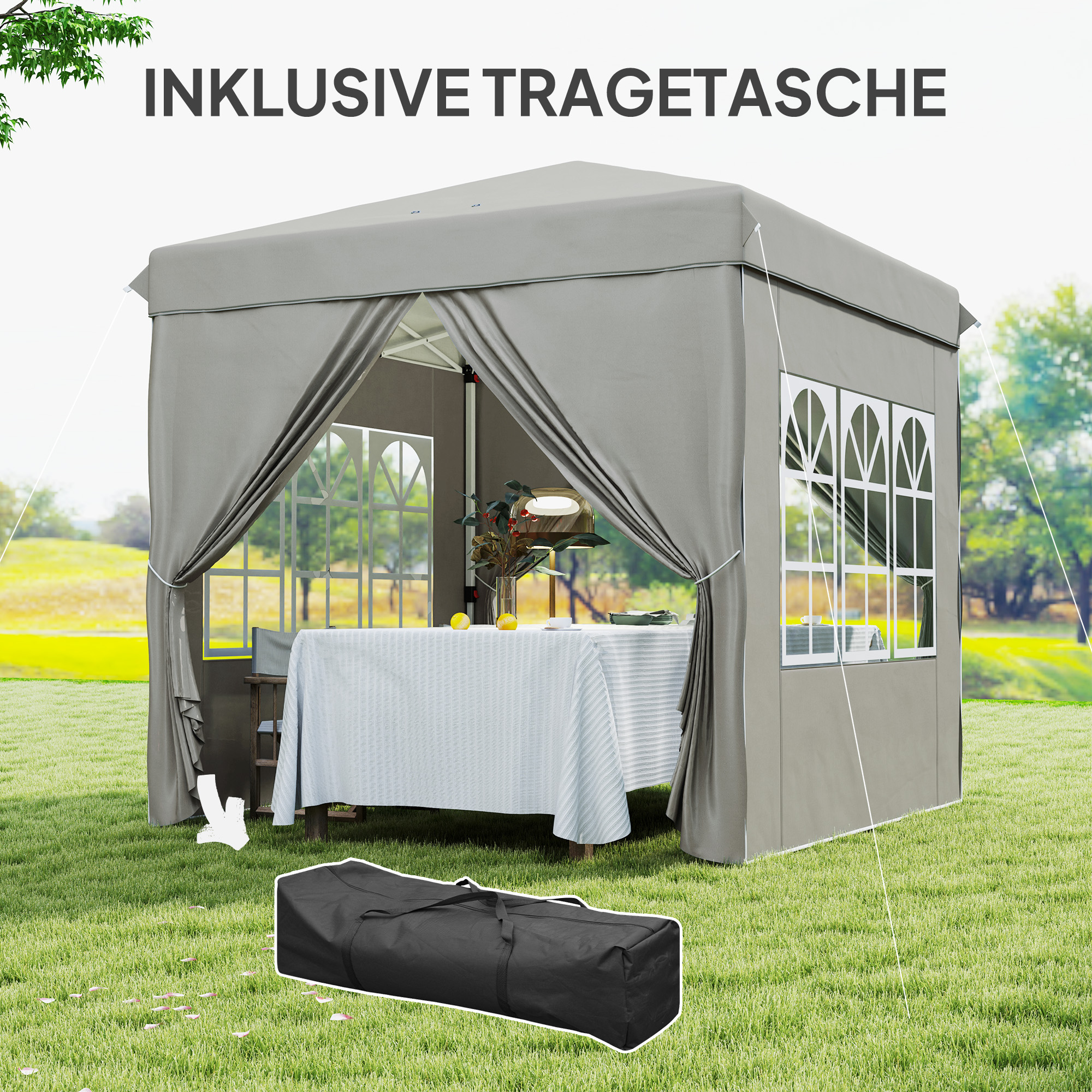 2,5 x 2,5 m Pop-up-Pavillon mit Seitenwänden und Tragetasche, UPF50+ höhenverstellbares Gartenzelt, Hellgrau