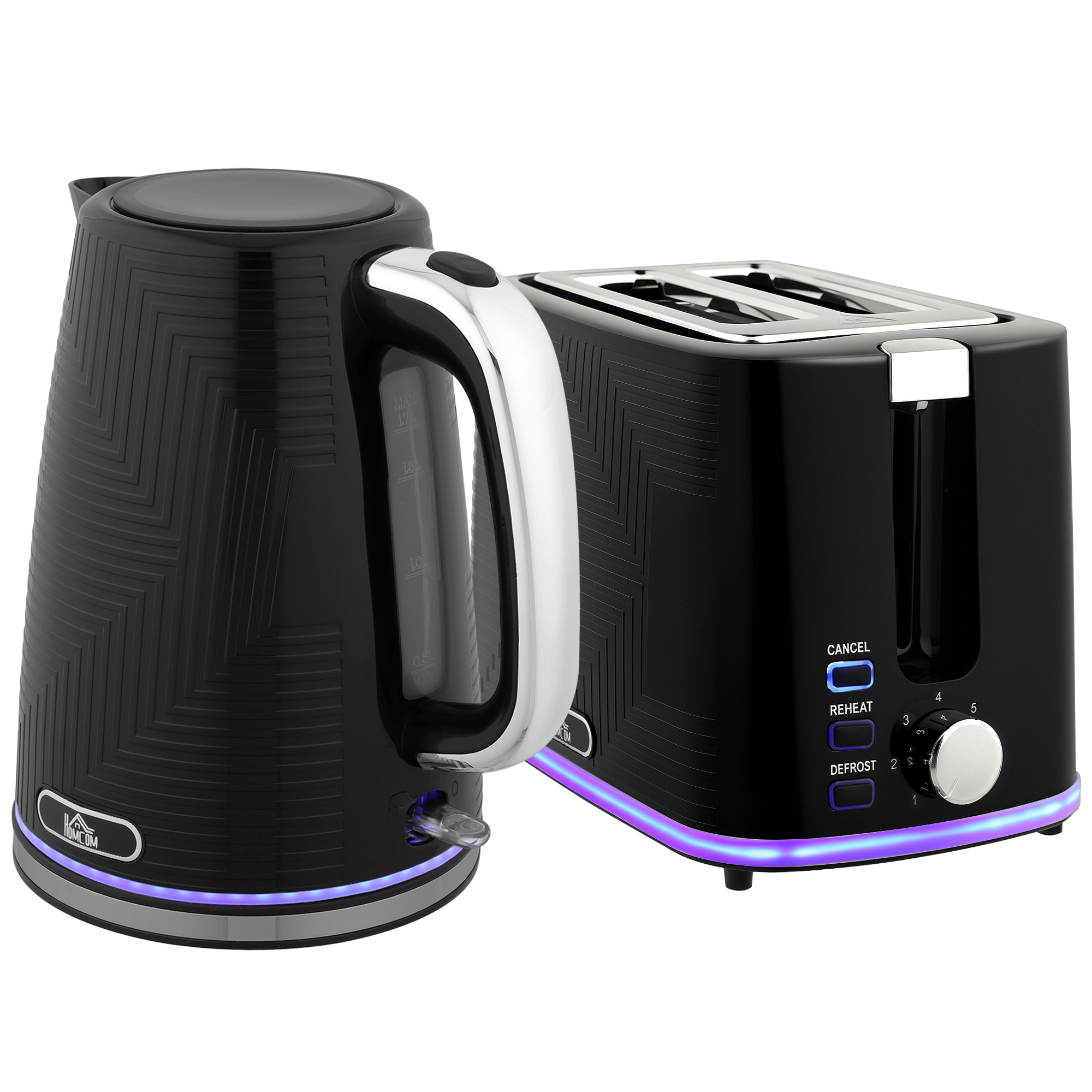 Wasserkocher- und Toaster-Set, 2200W, Otter-Thermostat, 2-Schlitz-Toaster, 7 Bräunungsstufen, Krümelfach, Schwarz Wasserkocher- und Toaster-Set, 2200W, Otter-Thermostat, 2-Schlitz-Toaster, 7 Bräunungsstufen, Krümelfach, Schwarz